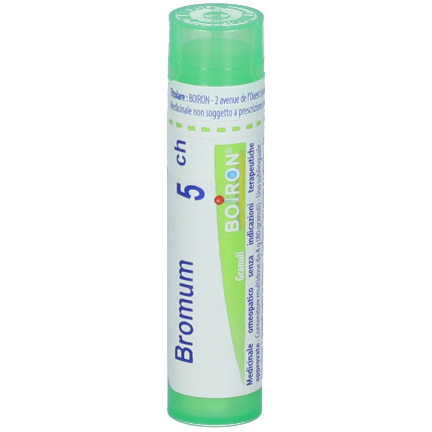 Tubo verde con etichetta bianca. Scritta: Bromum 5 ch, Boiron. Granuli.