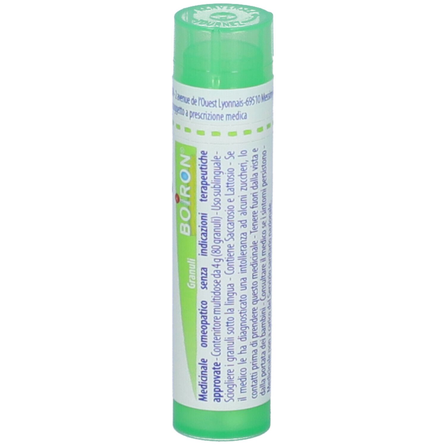 Tubo verde con etichetta bianca. Scritta: Boiron. Granuli. Indicazioni.