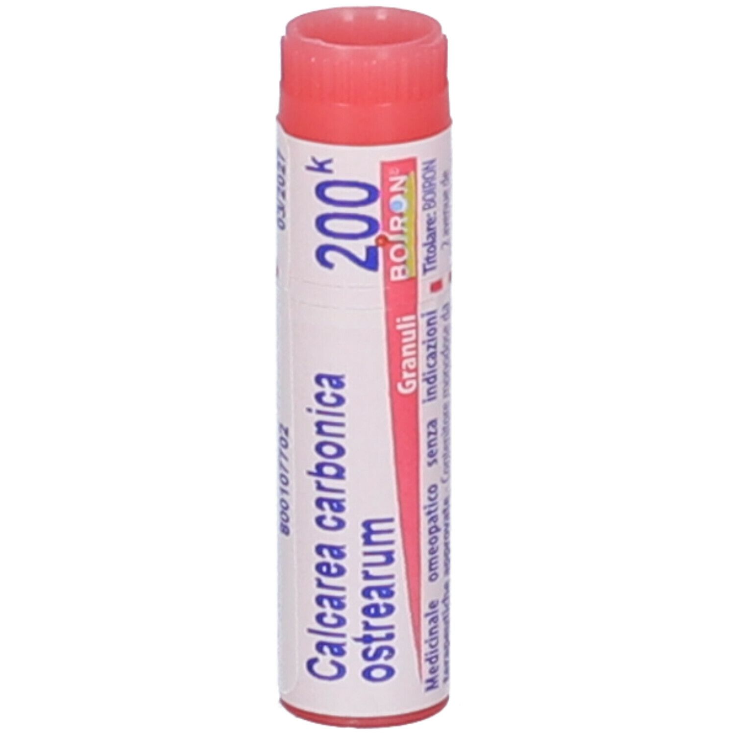Confezione cilindrica "Calcarea carbonica ostrearum 200k". Tappo rosso. Logo BOIRON e testo.