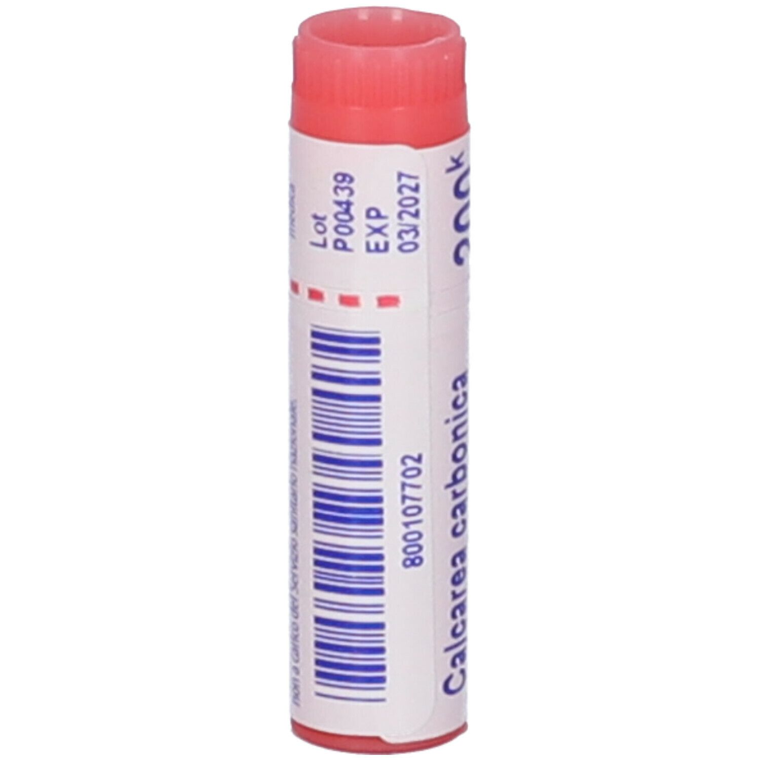 Confezione cilindrica "Calcarea carbonica". Tappo rosso. Testo e numero di lotto.