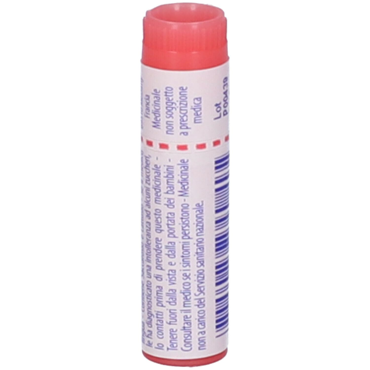 Confezione cilindrica con testo. Tappo rosso. Testo sulle indicazioni mediche.
