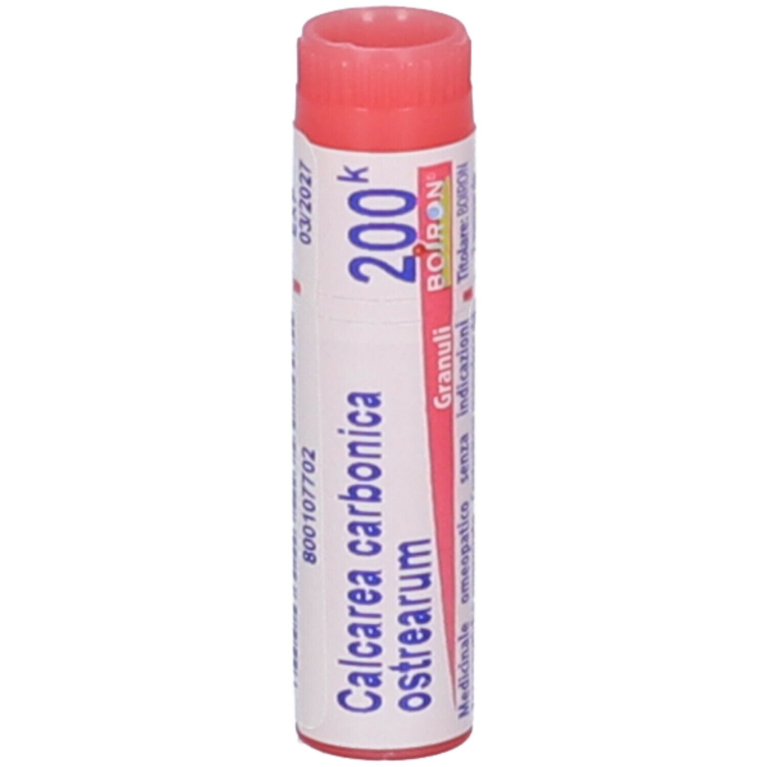 Confezione cilindrica "Calcarea carbonica ostrearum 200k". Tappo rosso. Logo BOIRON.