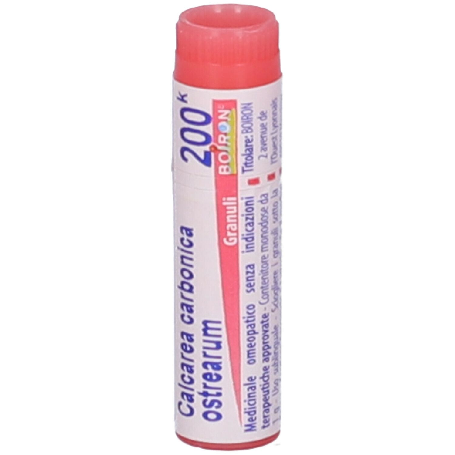 Confezione cilindrica "Calcarea carbonica ostrearum 200k". Tappo rosso. Logo BOIRON e testo.