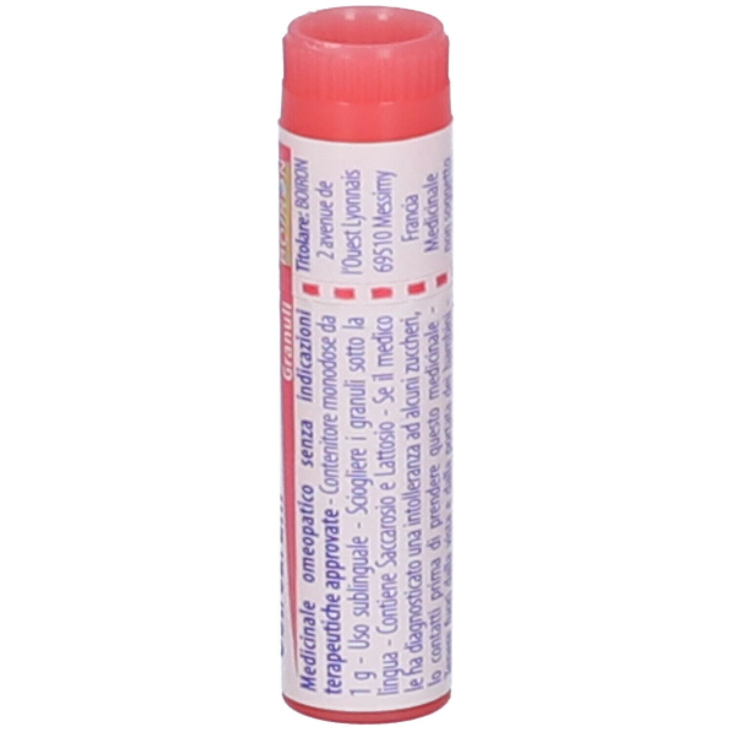 Confezione cilindrica con testo. Tappo rosso. Testo su indicazioni e ingredienti.