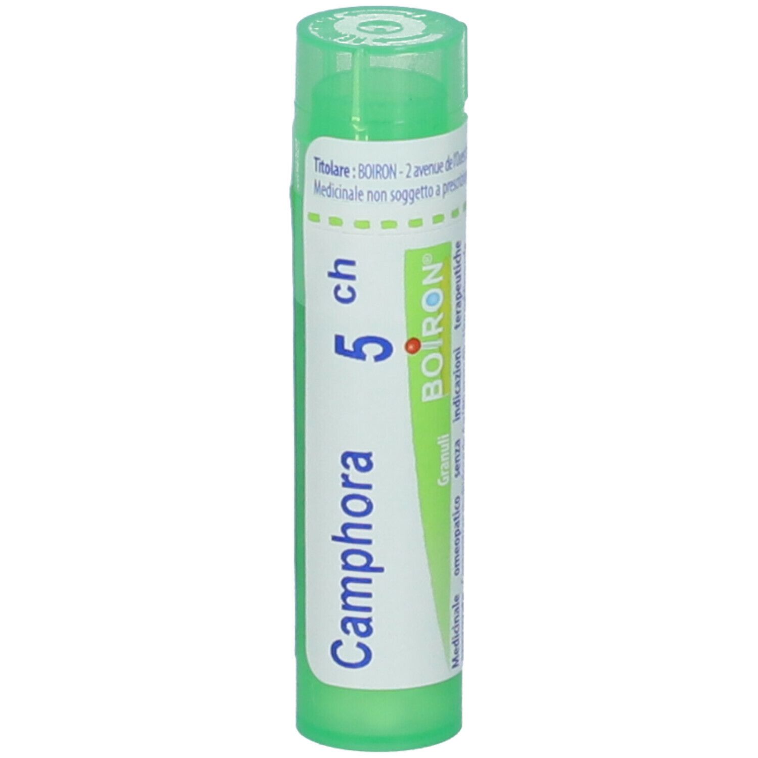 Confezione "Camphora 5 ch" BOIRON. Tappo verde, etichetta con nome e dosaggio.