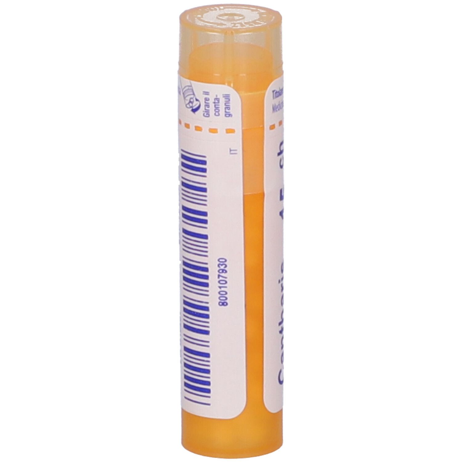 Confezione cilindrica, etichetta giallo-bianca. Scritta: 800107930. Tappo trasparente.