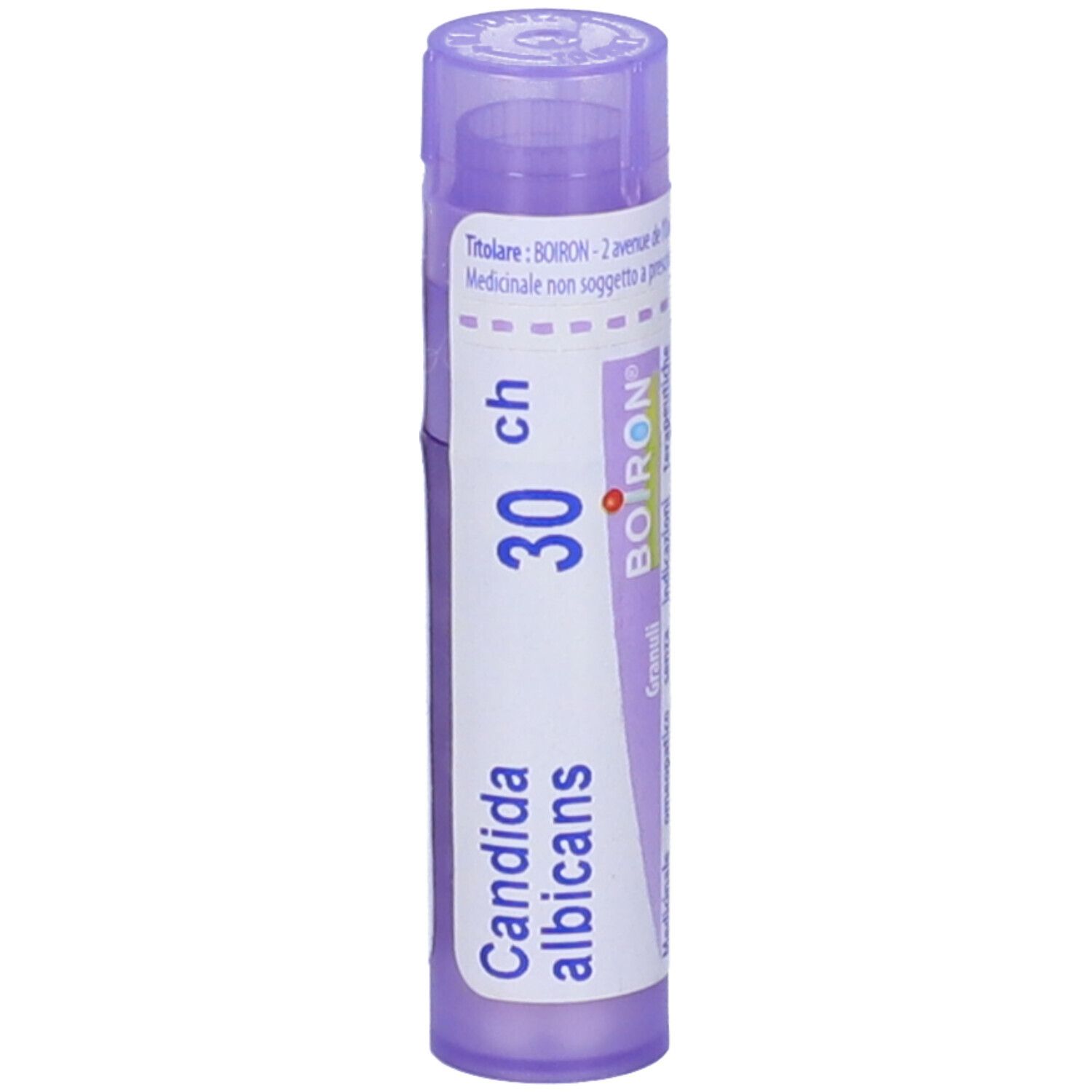 Flacone viola con etichetta bianca. Scritte: Candida albicans, 30 ch, BOIRON. Il tappo è anch'esso viola.