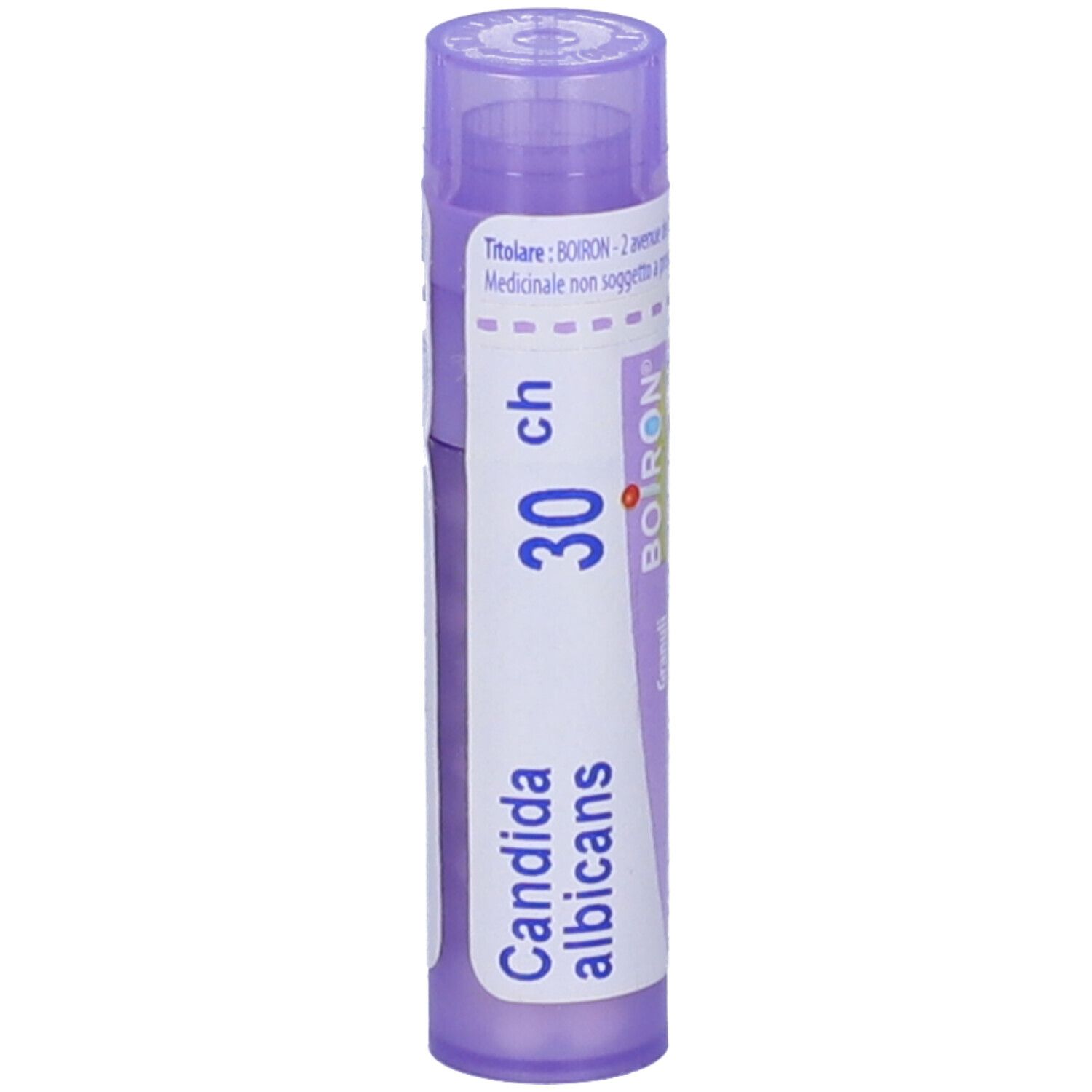 Flacone viola con etichetta bianca. Scritte: Candida albicans, 30 ch, BOIRON. Il tappo è anch'esso viola.