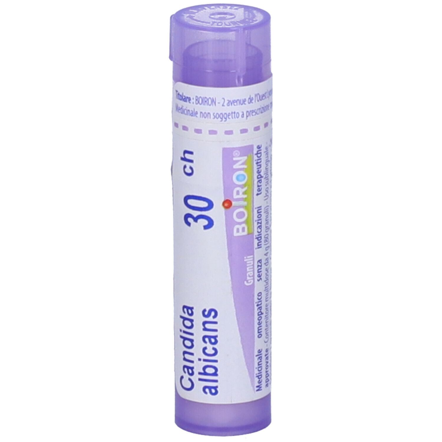 Flacone viola con etichetta bianca. Scritte: Candida albicans, 30 ch, BOIRON, Granuli. Il tappo è viola.