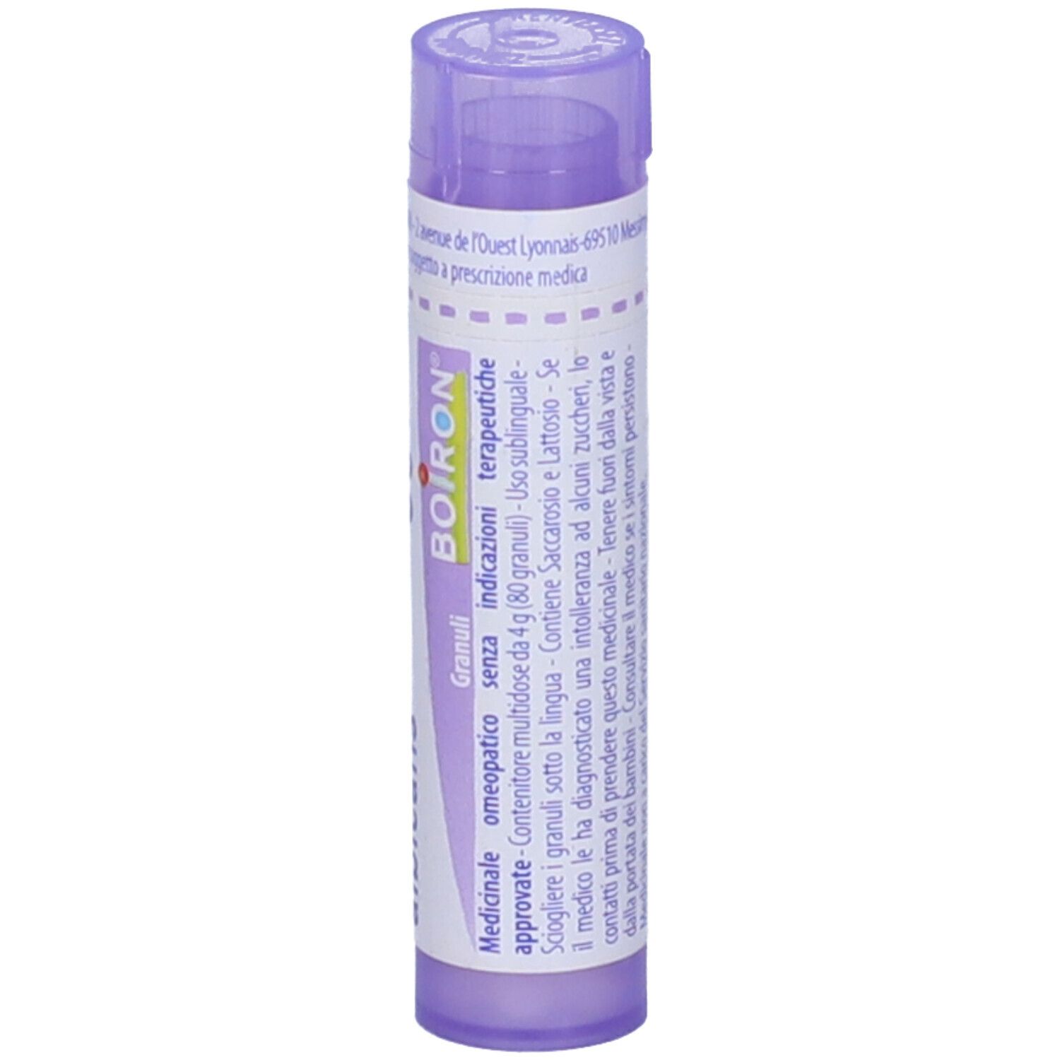Flacone viola con etichetta bianca. Scritte: BOIRON, Granuli, indicazioni terapeutiche. Il tappo è viola.