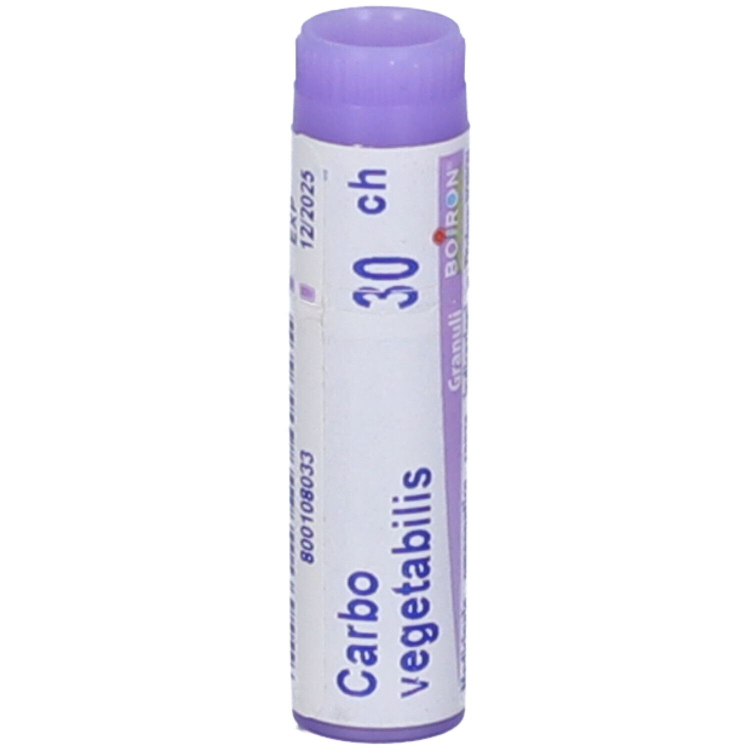 Tubo con scritta Carbo vegetabilis 30 ch, Granuli, BOIRON. Scadenza 12/2025.