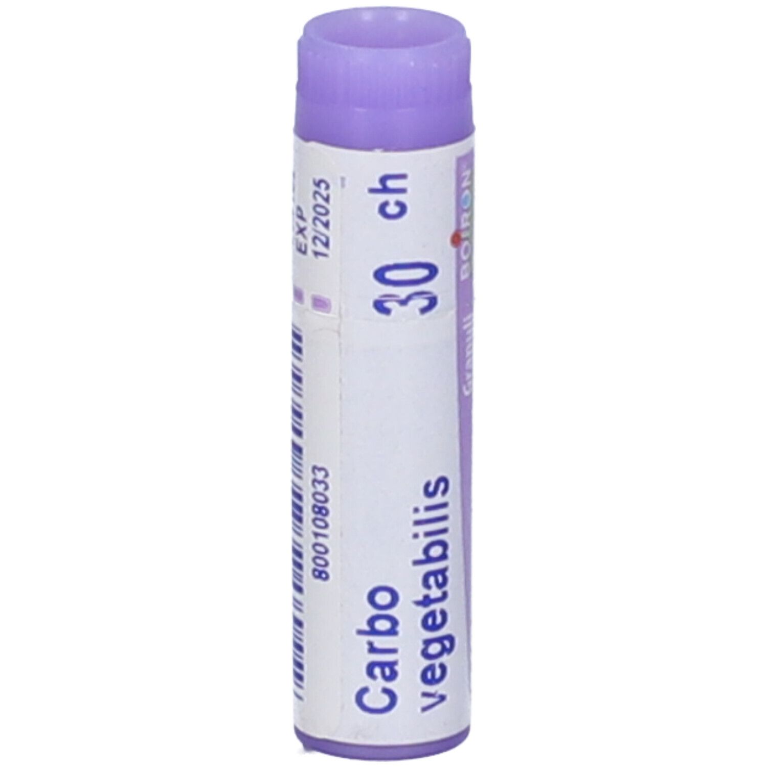 Tubo con scritta Carbo vegetabilis 30 ch, Granuli, BOIRON. Scadenza 12/2025.