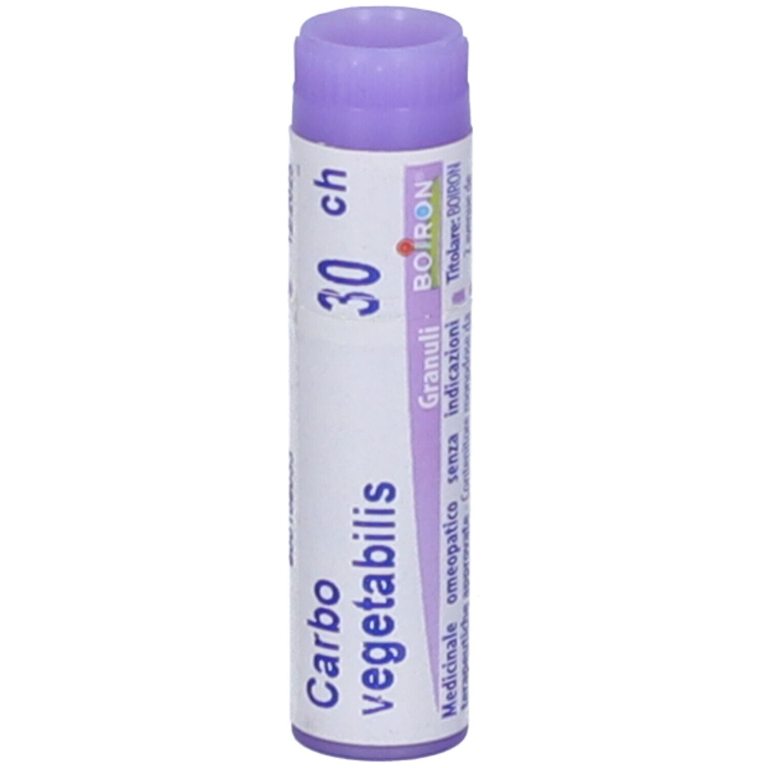 Tubo con scritta Carbo vegetabilis 30 ch, Granuli, BOIRON. Testo in italiano.