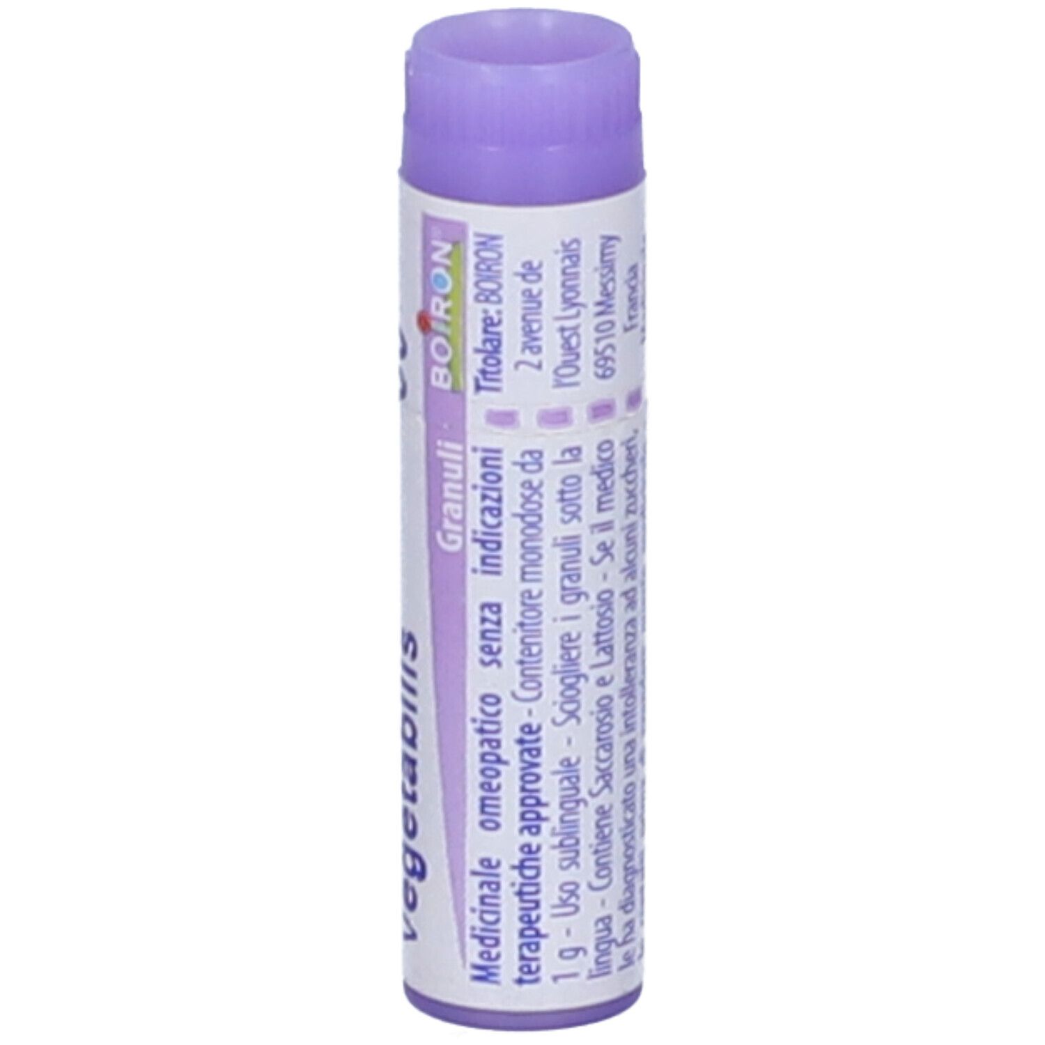Tubo con scritta Carbo vegetabilis 30 ch, Granuli, BOIRON. Testo in italiano.
