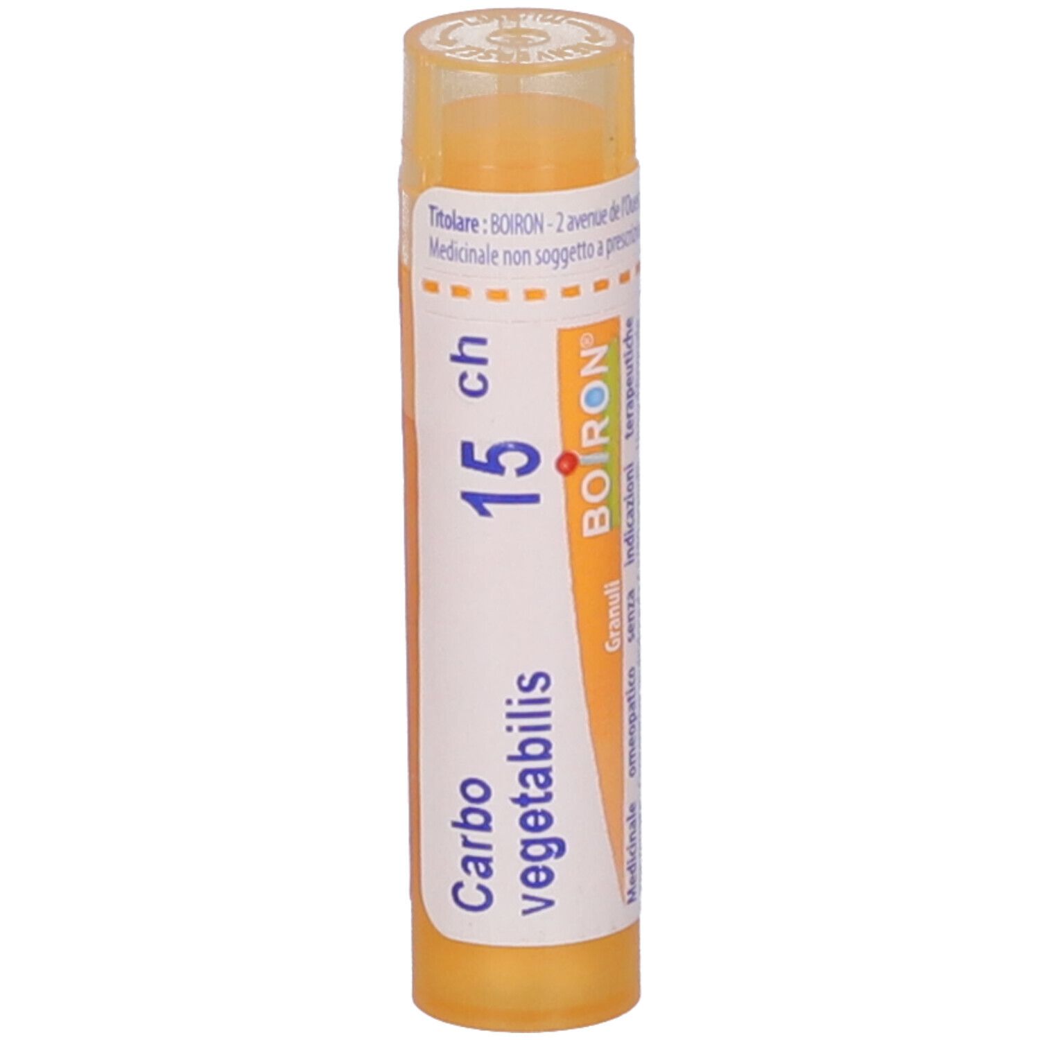 Confezione cilindrica con scritta Carbo vegetabilis 15 CH e logo BOIRON. Granuli.