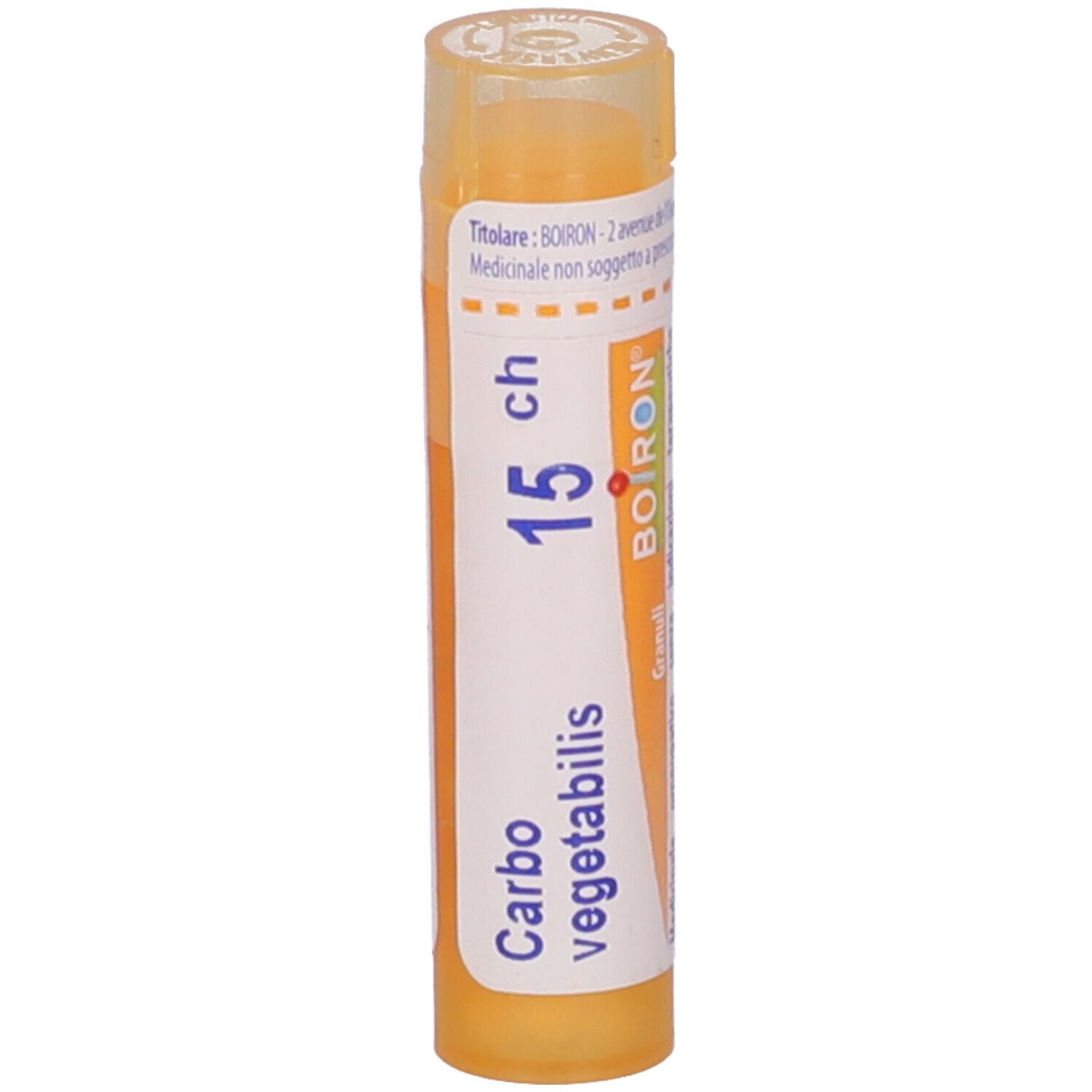 Confezione cilindrica con scritta Carbo vegetabilis 15 CH e logo BOIRON. Granuli.