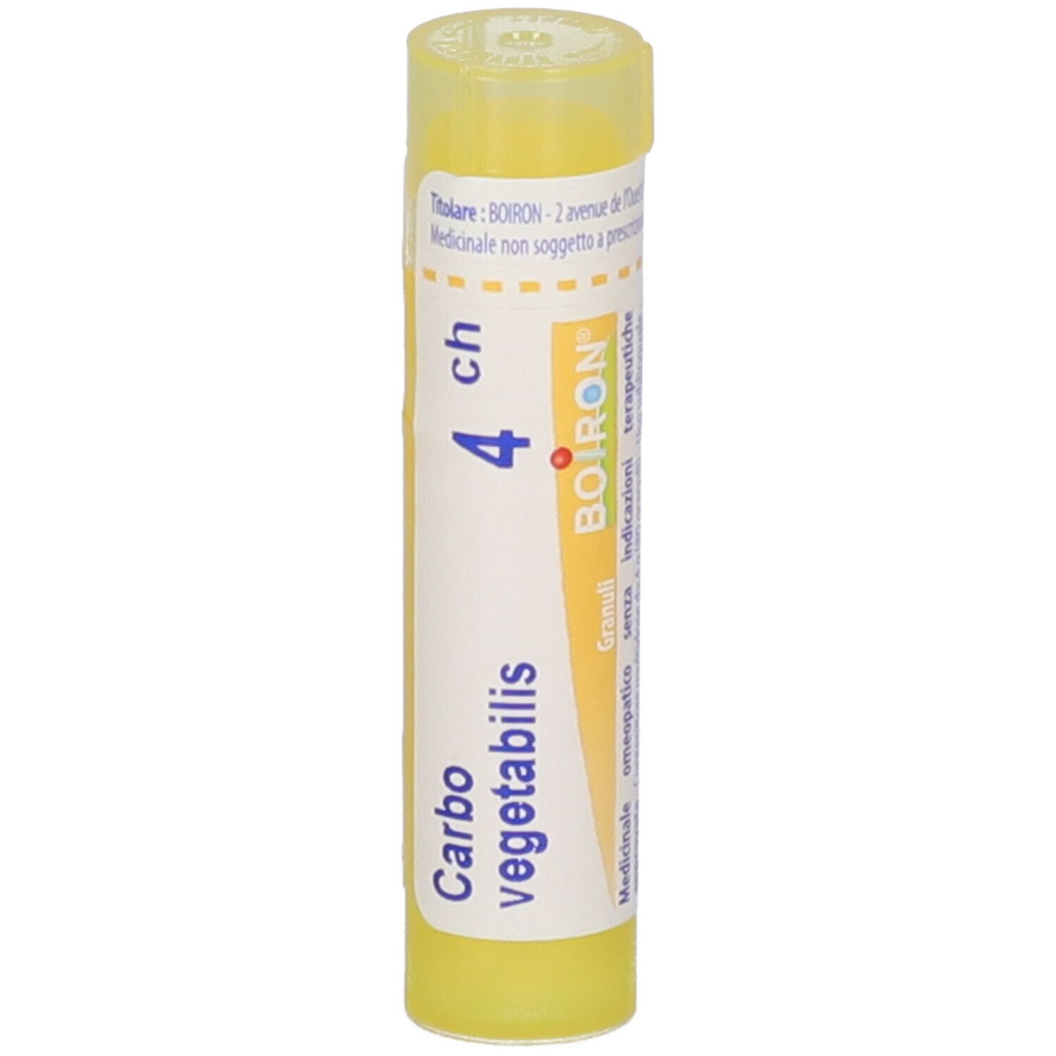 Tubo giallo con scritta Carbo vegetabilis 4 ch e marchio Boiron. Granuli.