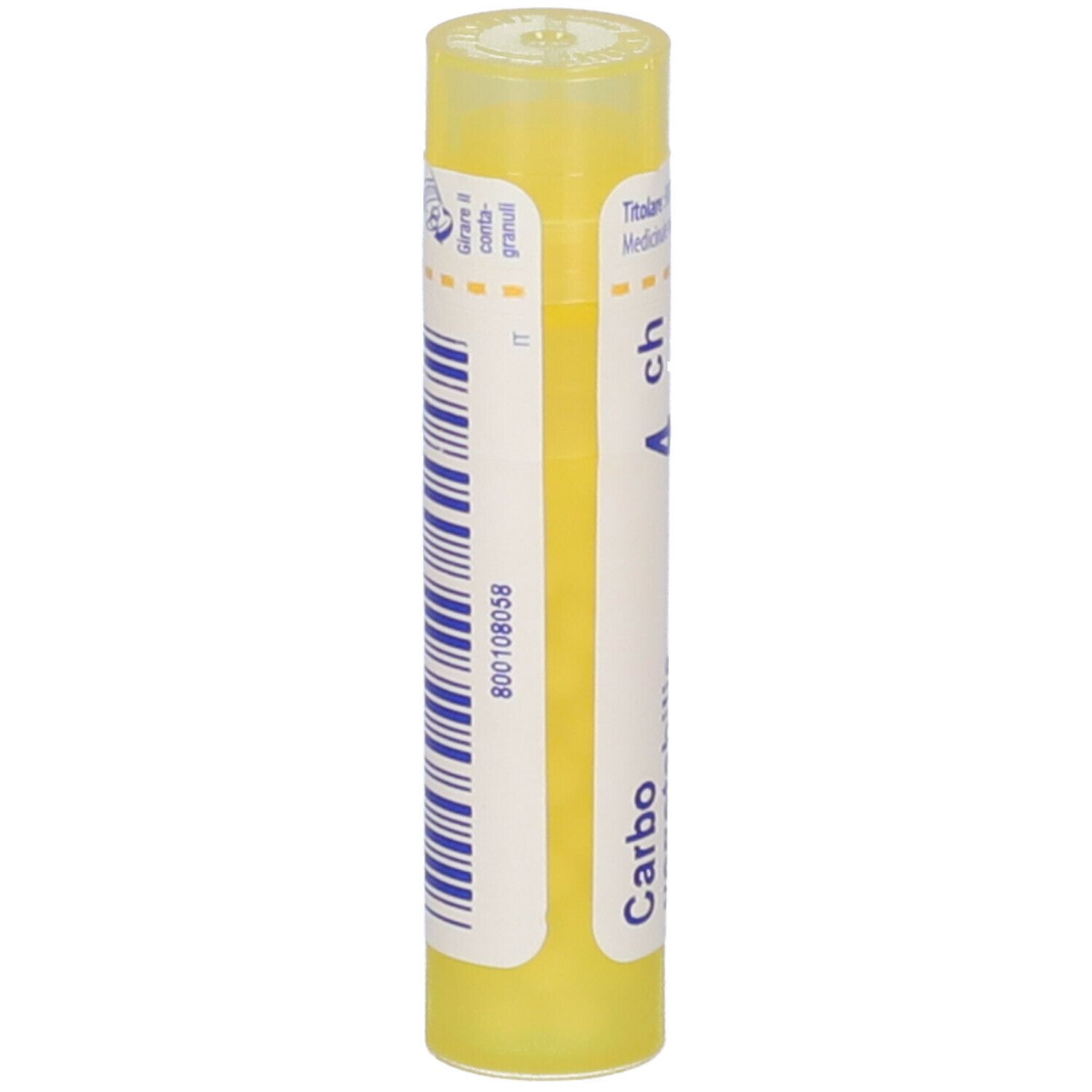 Tubo giallo con codice a barre blu e scritta. Carbo vegetabilis 4 ch.