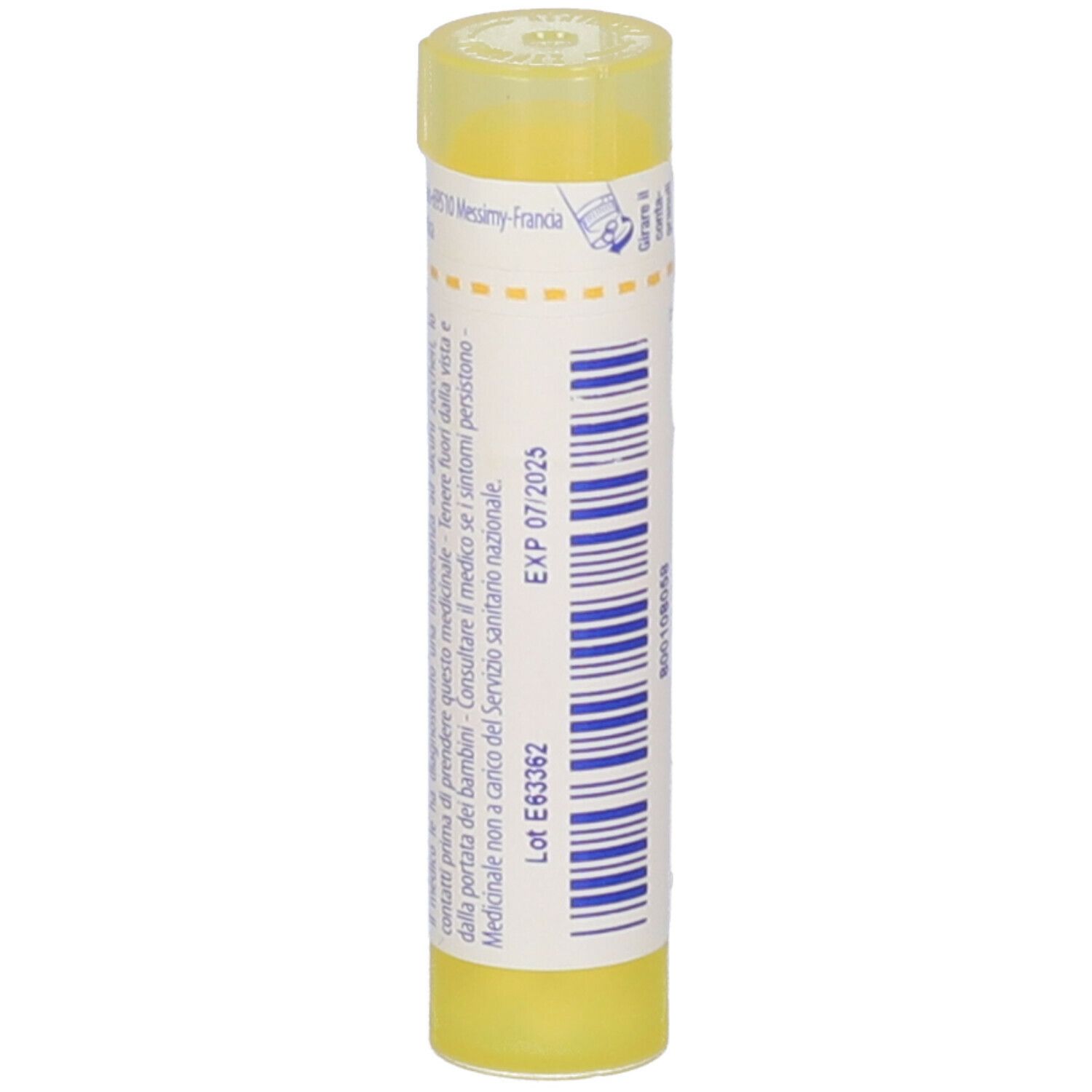 Tubo giallo con codice a barre blu e scritta. Scadenza 07/2025.