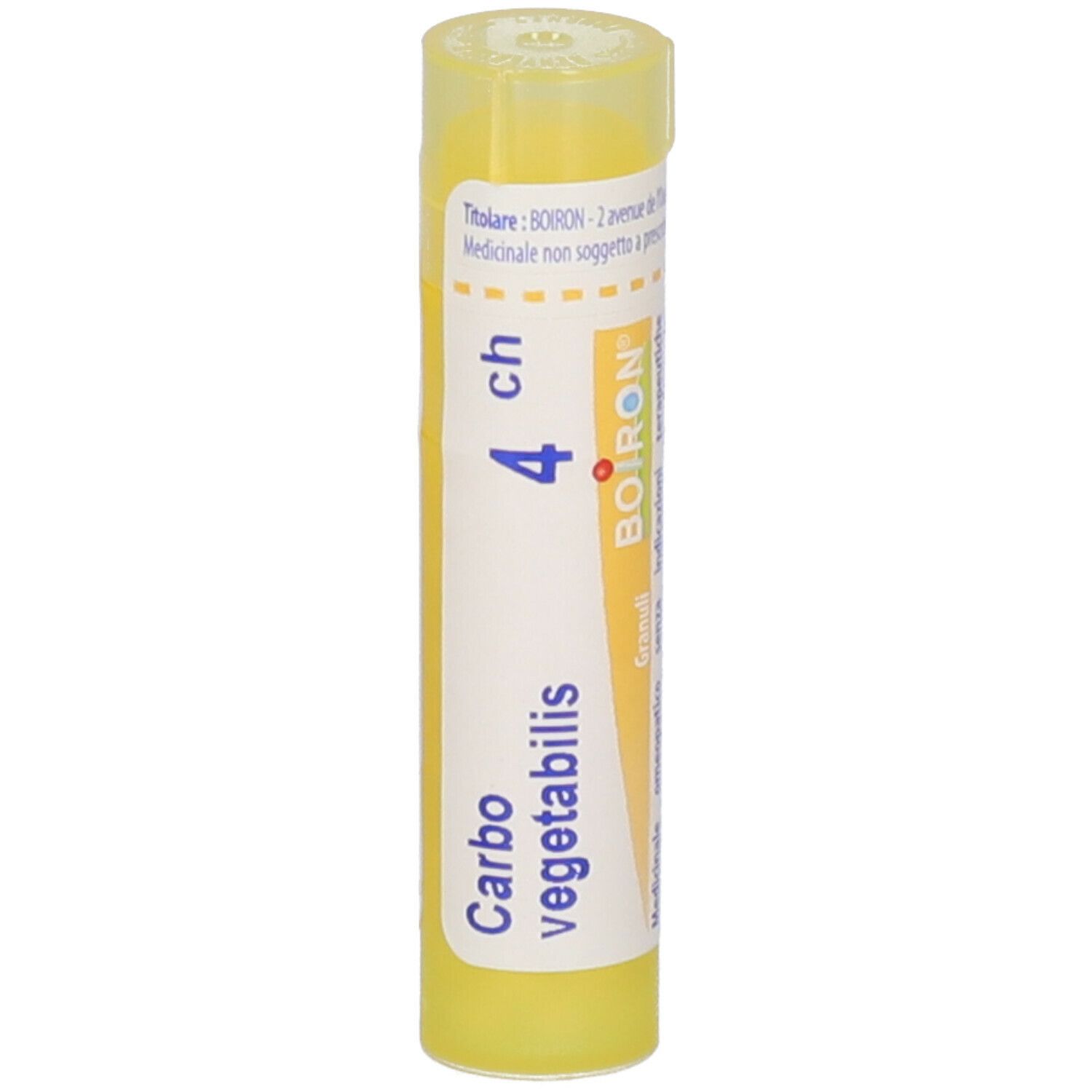 Tubo giallo con scritta Carbo vegetabilis 4 ch e marchio Boiron. Granuli.