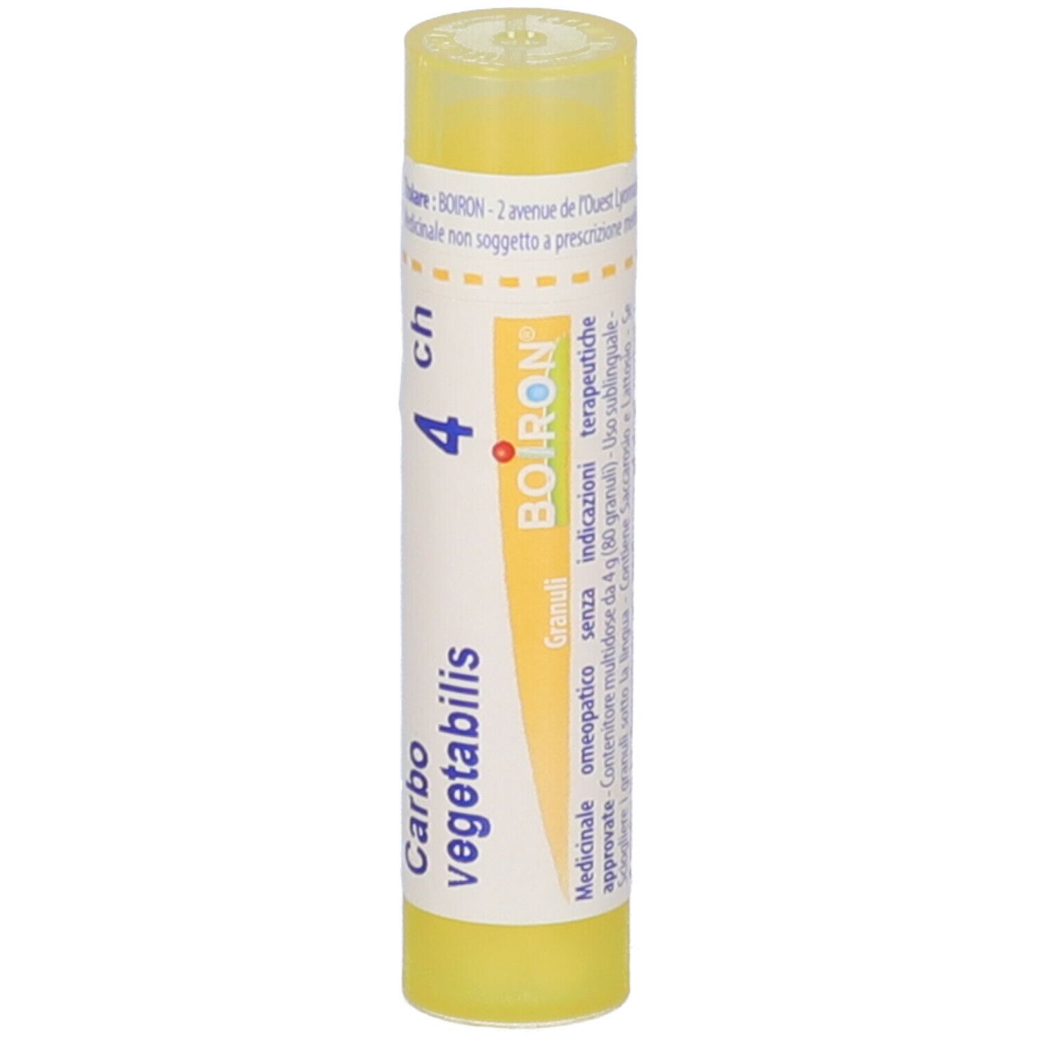 Tubo giallo con scritta Carbo vegetabilis 4 ch e marchio Boiron. Granuli.