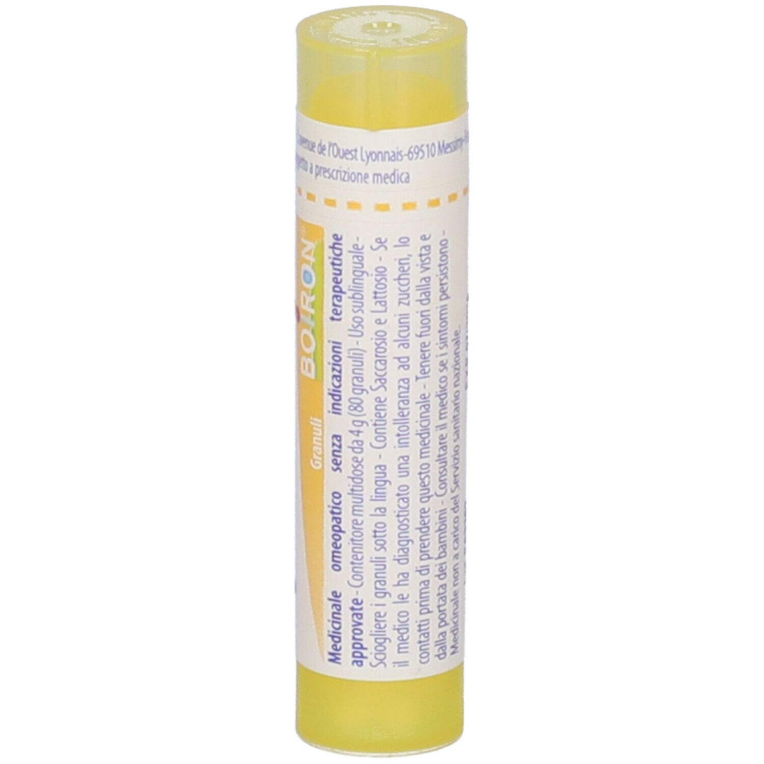 Tubo giallo con scritta Carbo vegetabilis 4 ch e marchio Boiron. Granuli.
