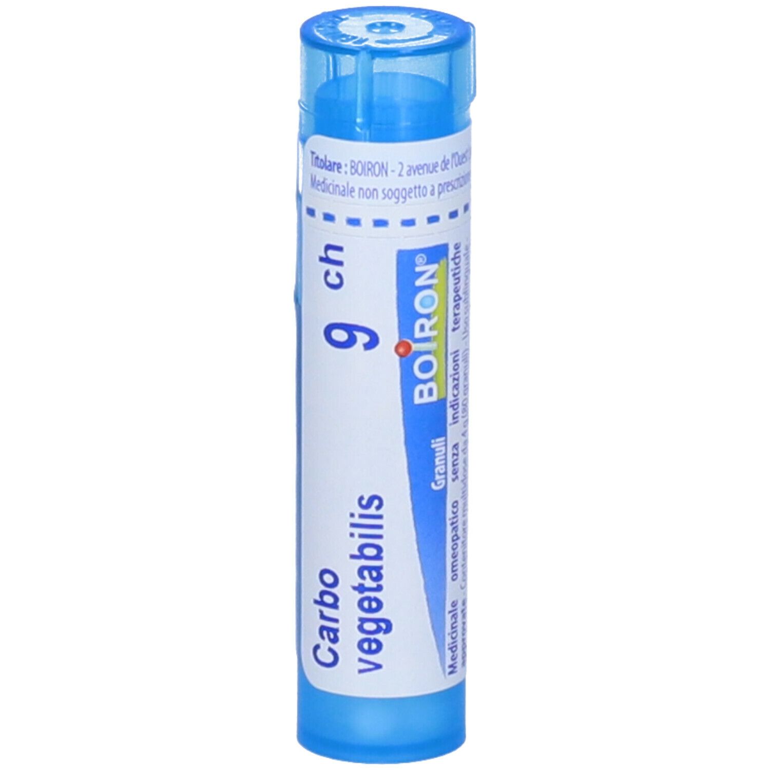 Tubo blu con etichette bianche. Scritta: Carbo vegetabilis, 9 ch, BOIRON. Granuli. Prodotto medico.