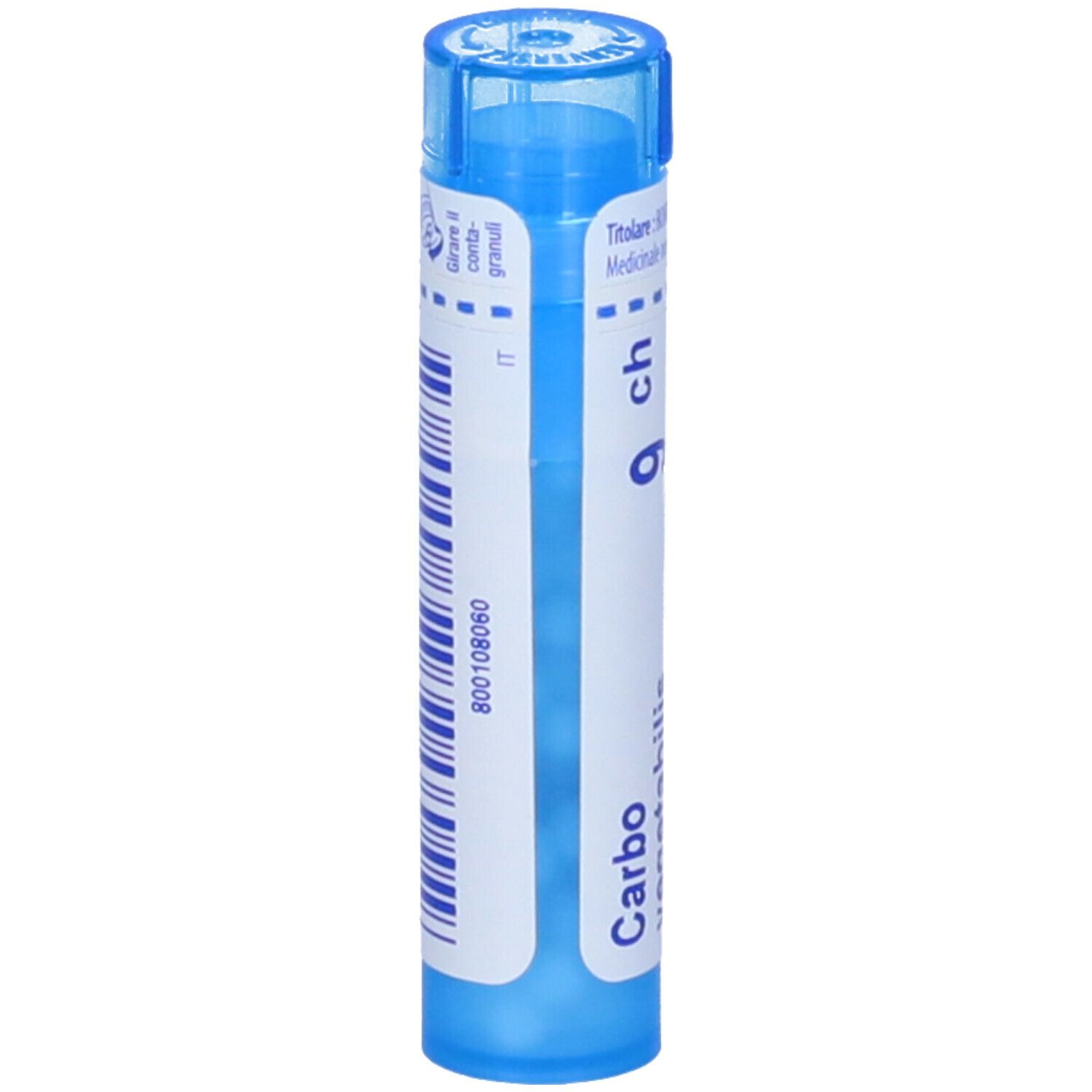 Tubo blu con etichetta bianca. Scritta: Carbo, 9 ch. Codice a barre e altre informazioni.