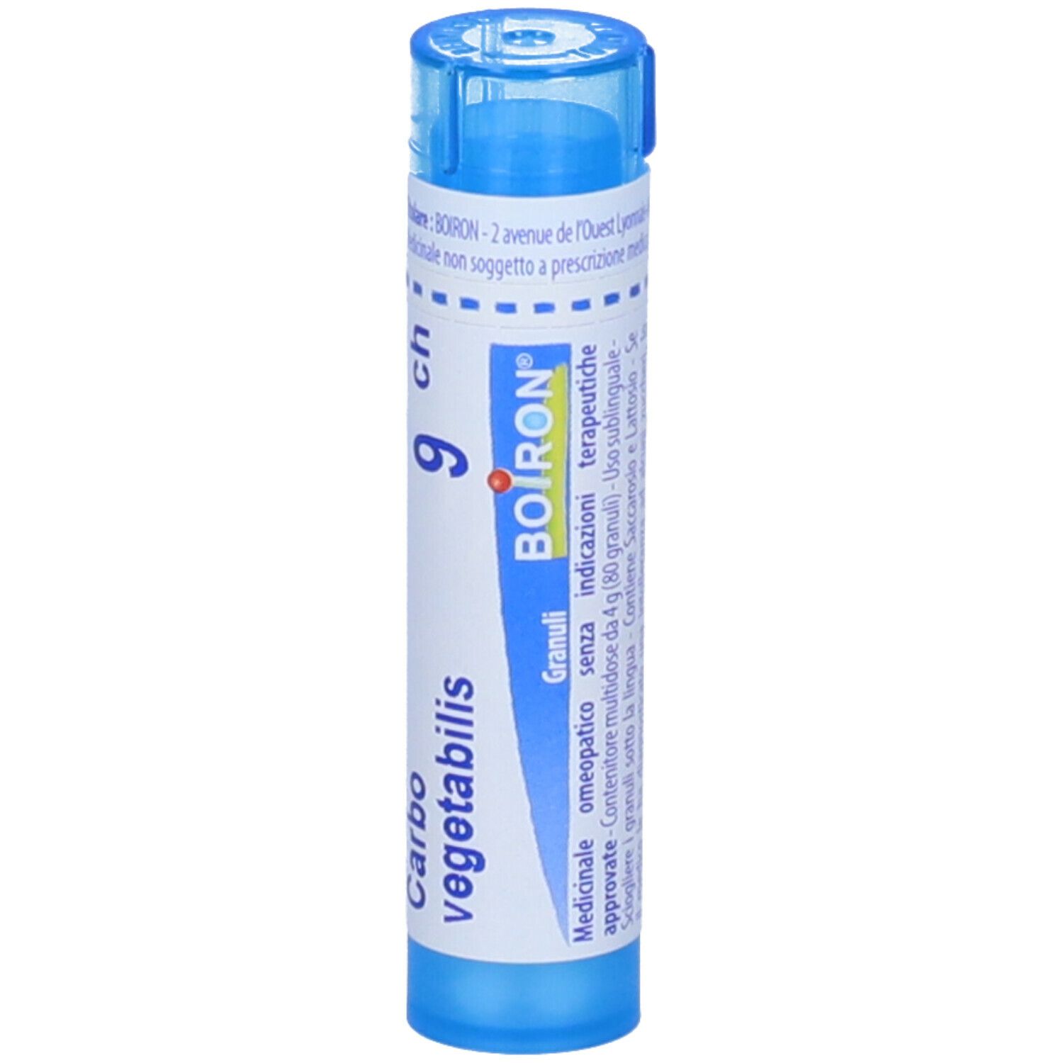Tubo blu con etichetta bianca. Scritta: Carbo vegetabilis, 9 ch, BOIRON. Granuli. Prodotto medico.