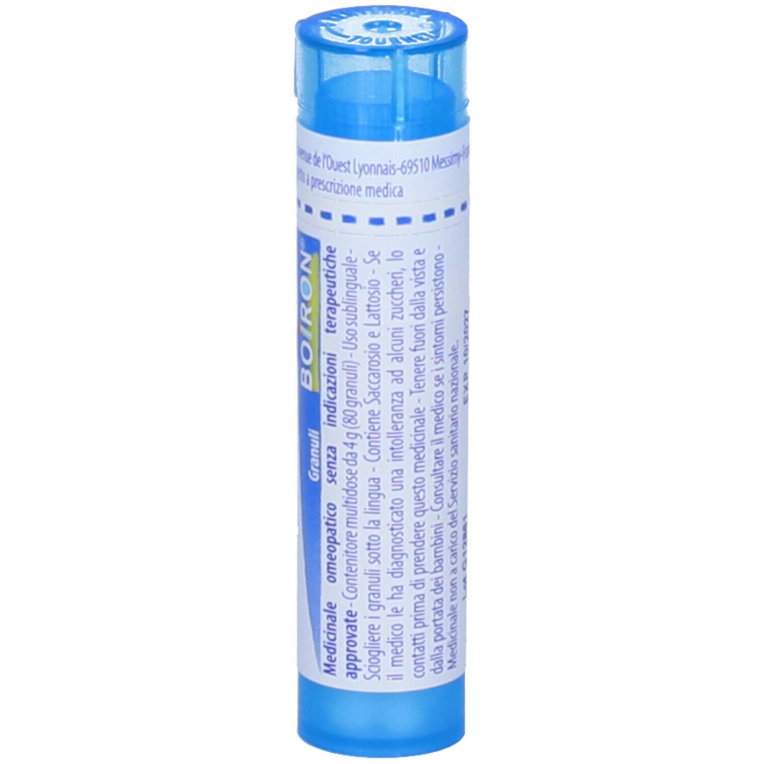 Tubo blu con etichetta bianca. Scritta: Carbo vegetabilis, 9 ch, BOIRON. Granuli. Prodotto medico.