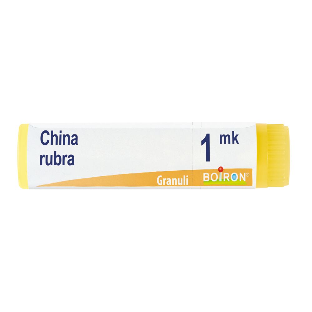Confezione cilindrica con tappo giallo. Scritta: China rubra, 1 mk, Granuli, BOIRON.