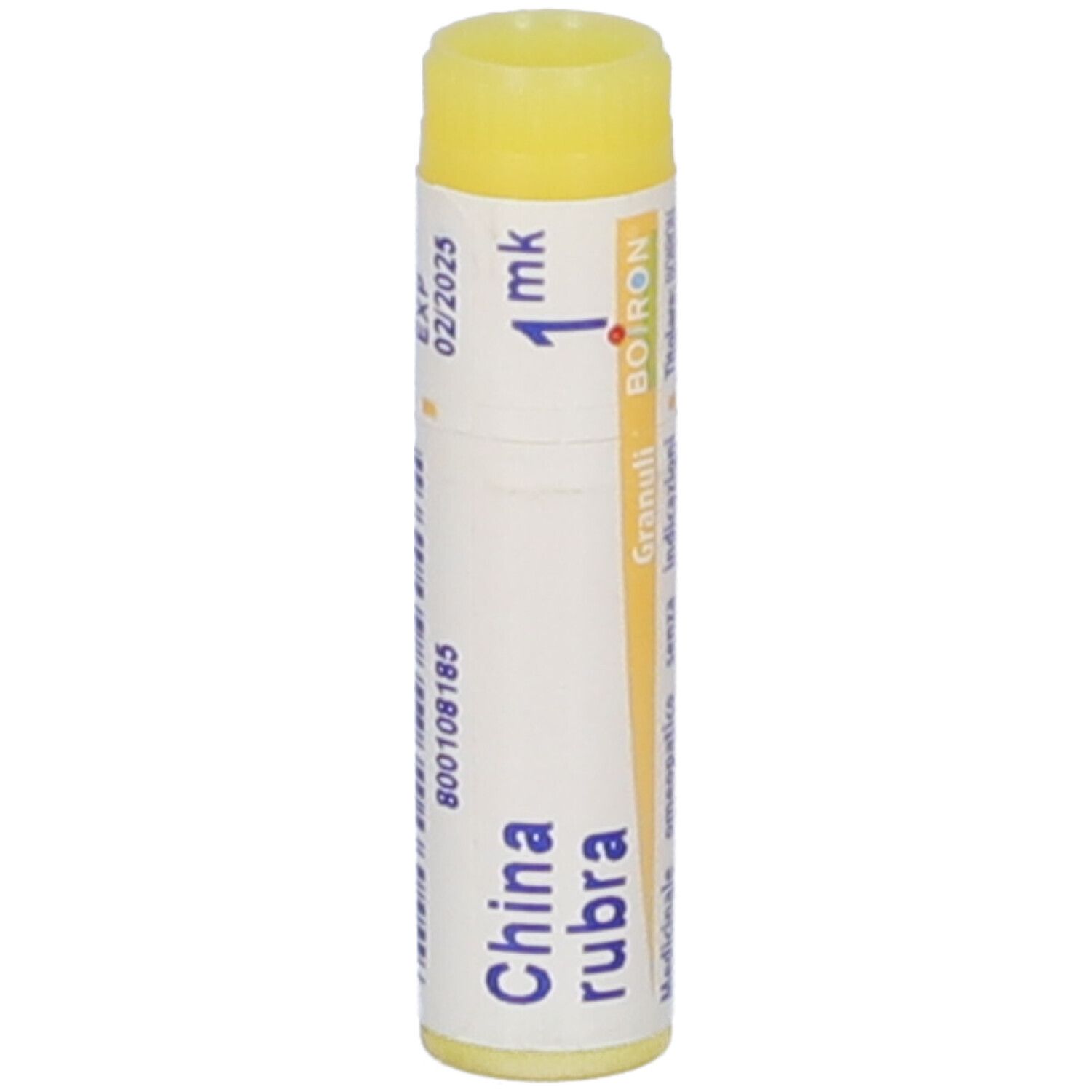 Confezione cilindrica con tappo giallo. Scritta: China rubra, 1 mk, EXP 02/2025.