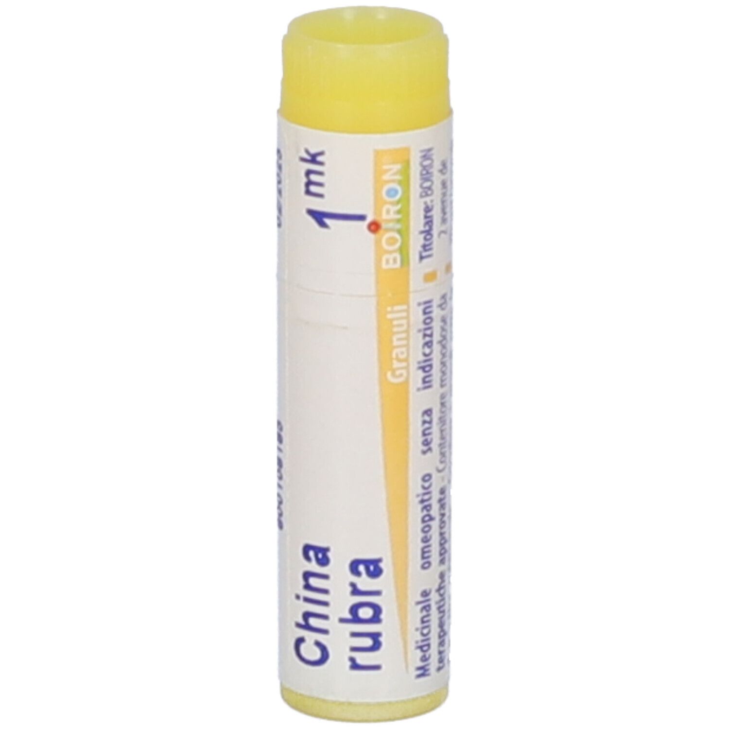 Confezione cilindrica con tappo giallo. Scritta: China rubra, 1 mk, BOIRON, Granuli.
