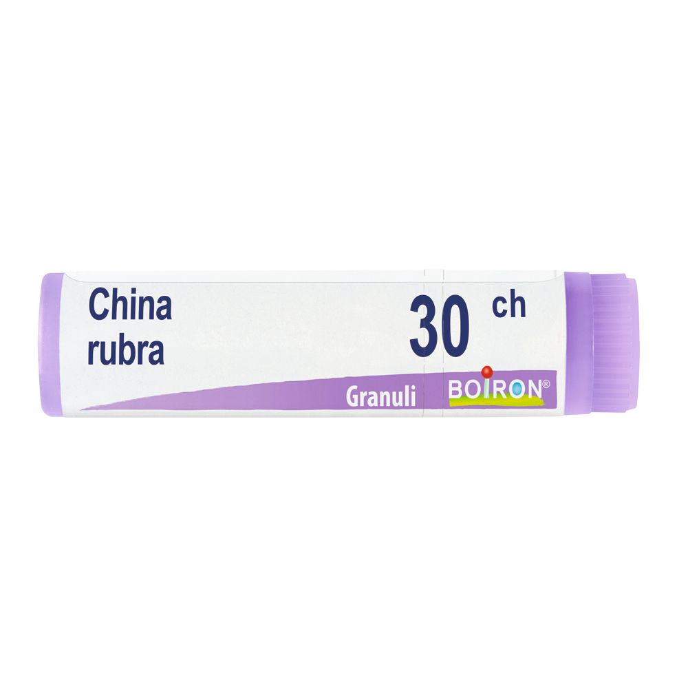 Confezione cilindrica con "China rubra 30 ch Granuli". Marchio Boiron. Colori: viola e bianco.