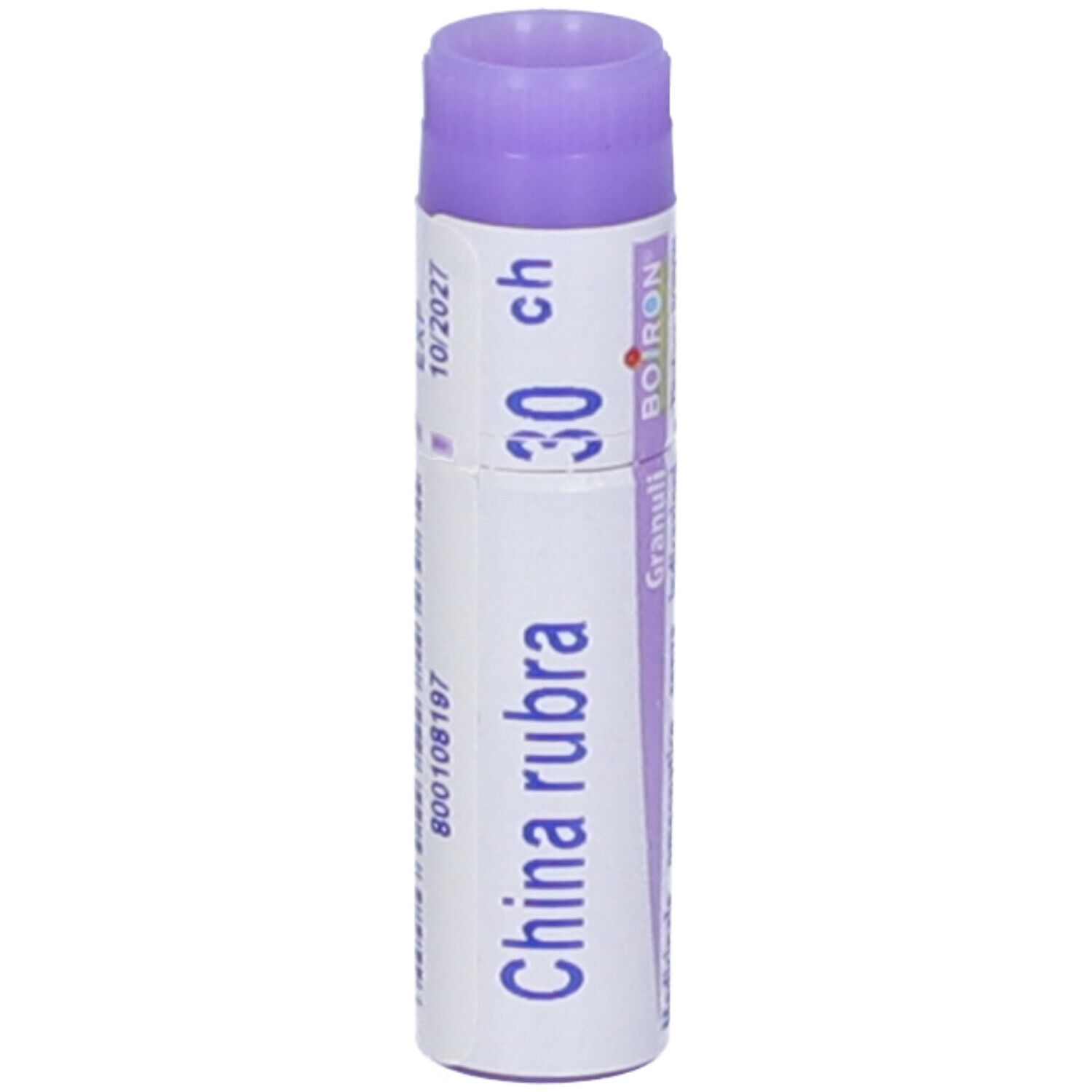Confezione cilindrica con "China rubra 30 ch". Data di scadenza stampata. Marchio Boiron. Viola e bianco.