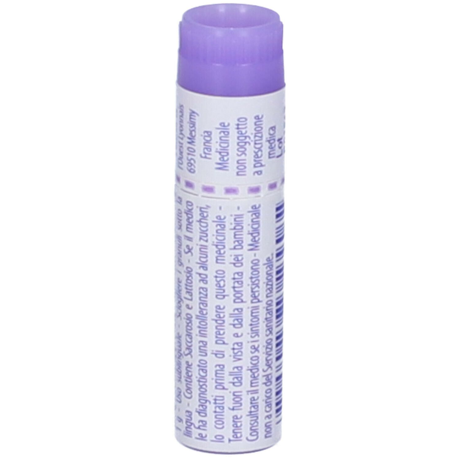 Confezione cilindrica con testo. Contiene informazioni sulla composizione. Marchio Boiron. Viola e bianco.