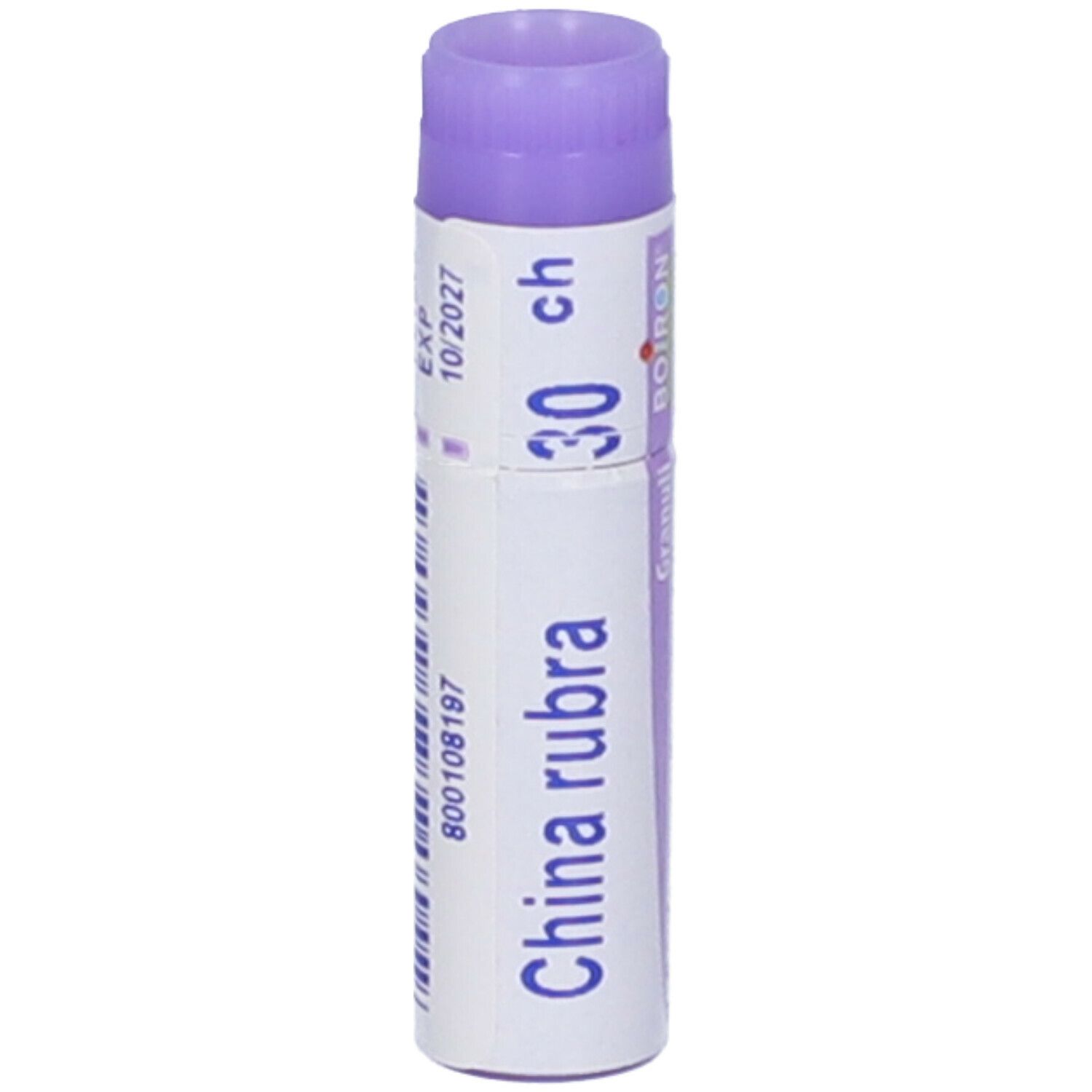 Confezione cilindrica con "China rubra 30 ch". Marchio Boiron. Viola e bianco. Con data di scadenza.