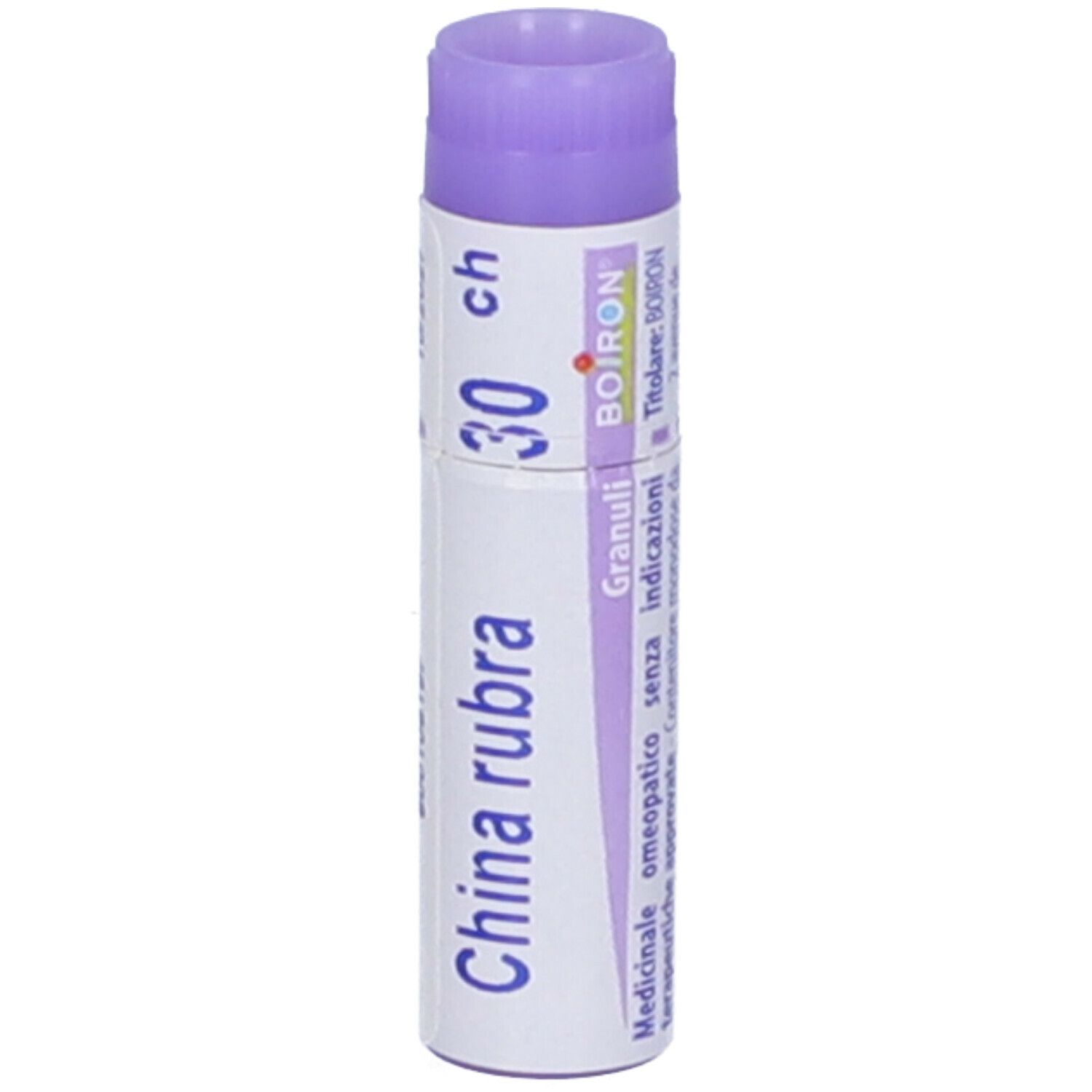 Confezione cilindrica con "China rubra 30 ch". Marchio Boiron. Viola e bianco. Con testo.