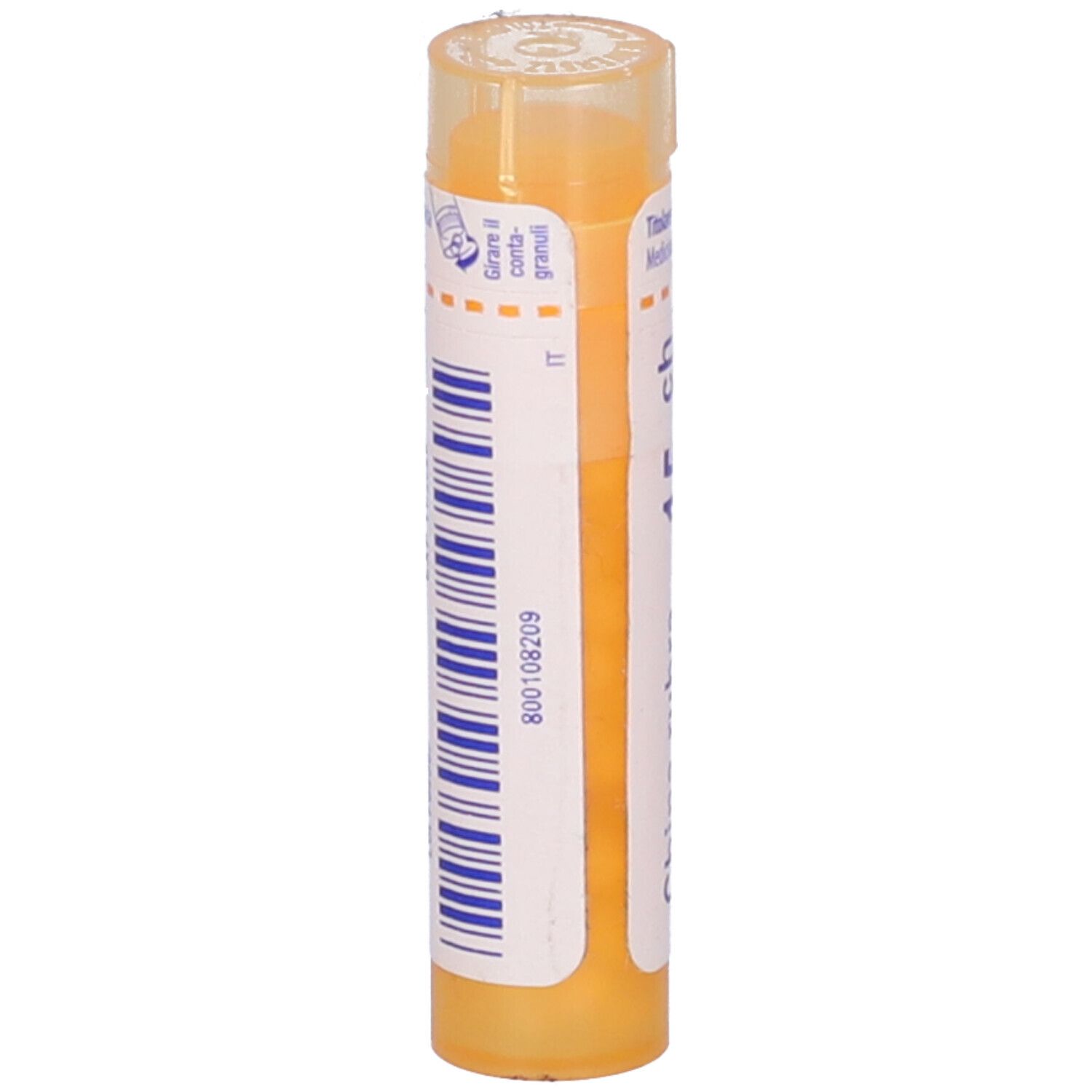 Confezione cilindrica gialla. Scritta: 800108209. Etichetta con informazioni prodotto e codice a barre. Tappo giallo.