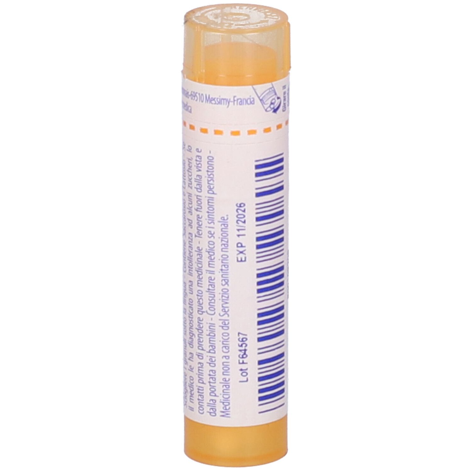 Confezione cilindrica gialla. Scritta: EXP 11/2026, Lot F64567. Etichetta con informazioni prodotto. Tappo giallo.