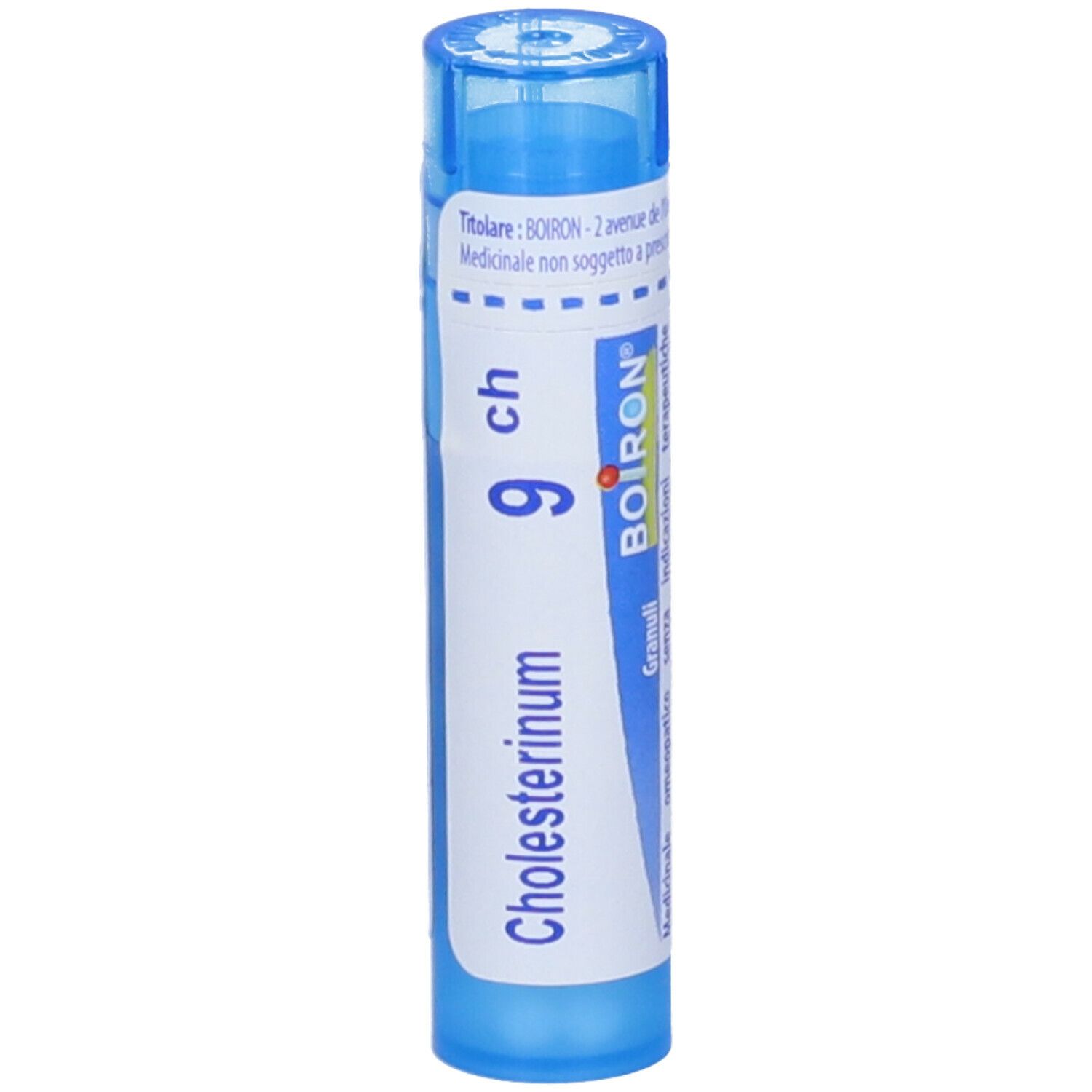 Confezione cilindrica blu con etichetta bianca. Scritta: Cholesterinum 9 ch, BOIRON. Granuli.