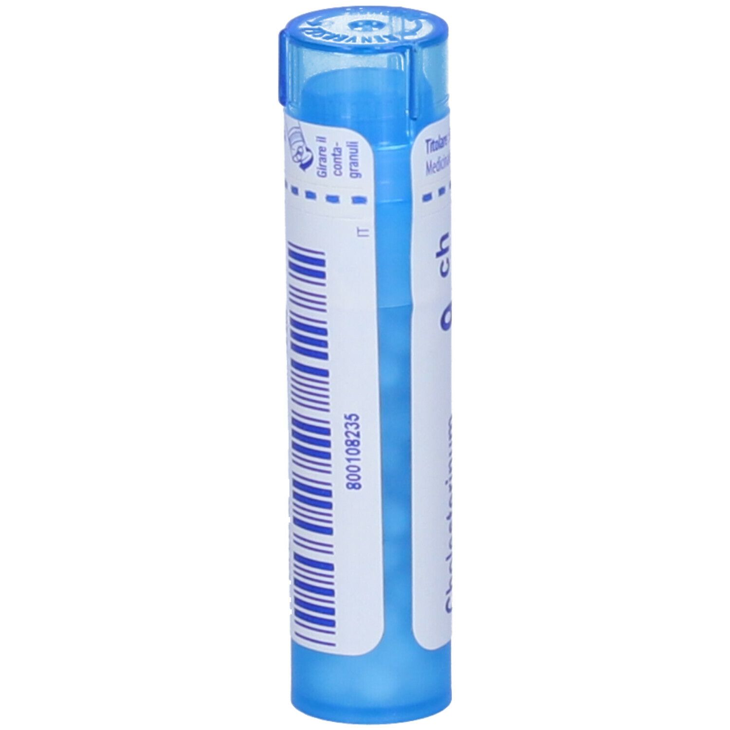 Confezione cilindrica blu con etichetta bianca. Scritta: Cholesterinum 9 ch. Codice a barre e informazioni.