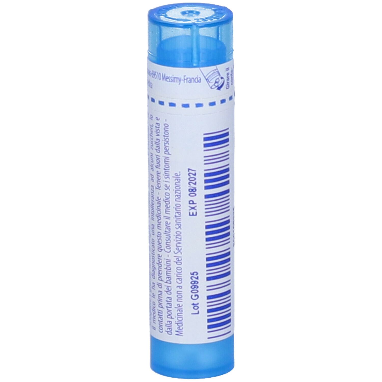Confezione cilindrica blu con etichetta bianca. Scritta: Cholesterinum 9 ch. Scadenza: 08/2027.