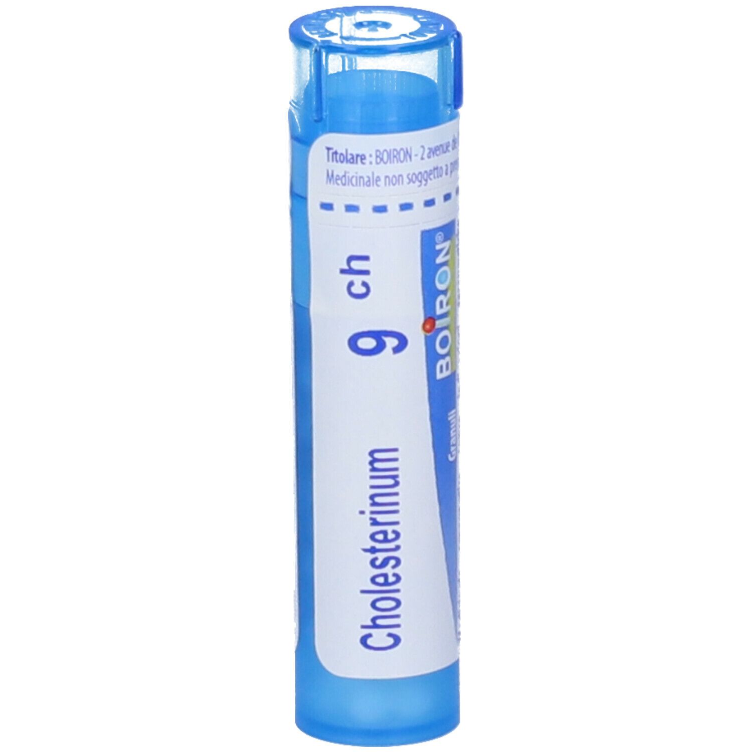 Confezione cilindrica blu con etichetta bianca. Scritta: Cholesterinum 9 ch, BOIRON. Granuli.
