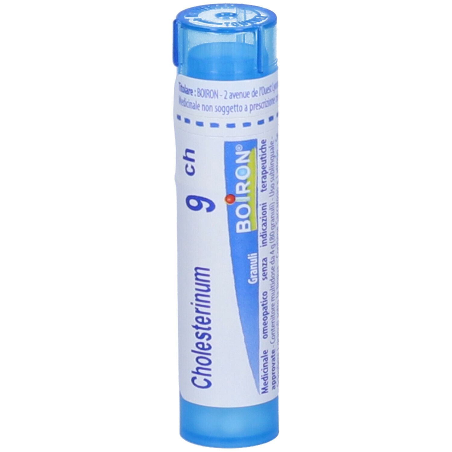 Confezione cilindrica blu con etichetta bianca. Scritta: Cholesterinum 9 ch, BOIRON. Granuli, omeopatico.