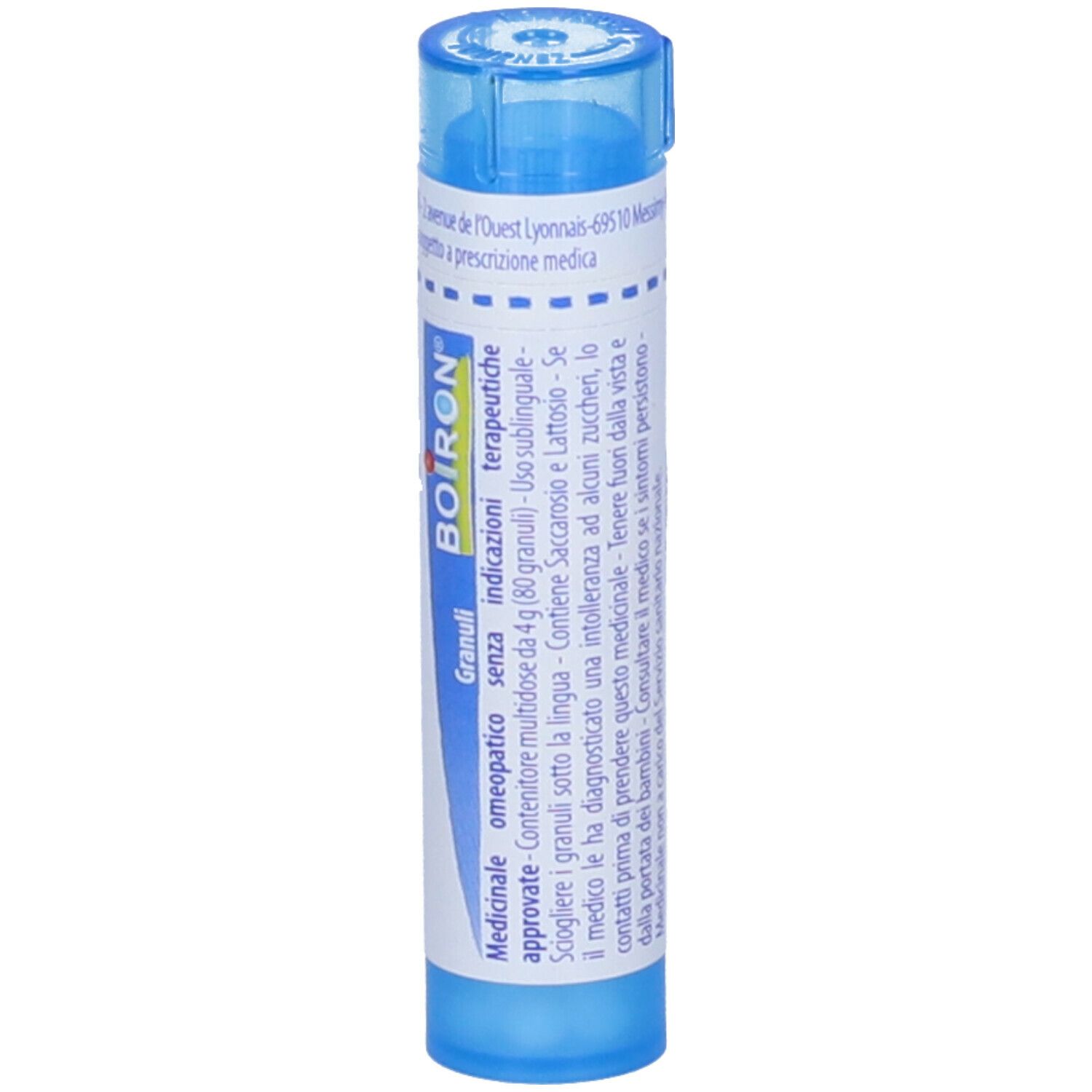 Confezione cilindrica blu con etichetta bianca. Scritta: Cholesterinum 9 ch, BOIRON. Granuli, omeopatico.