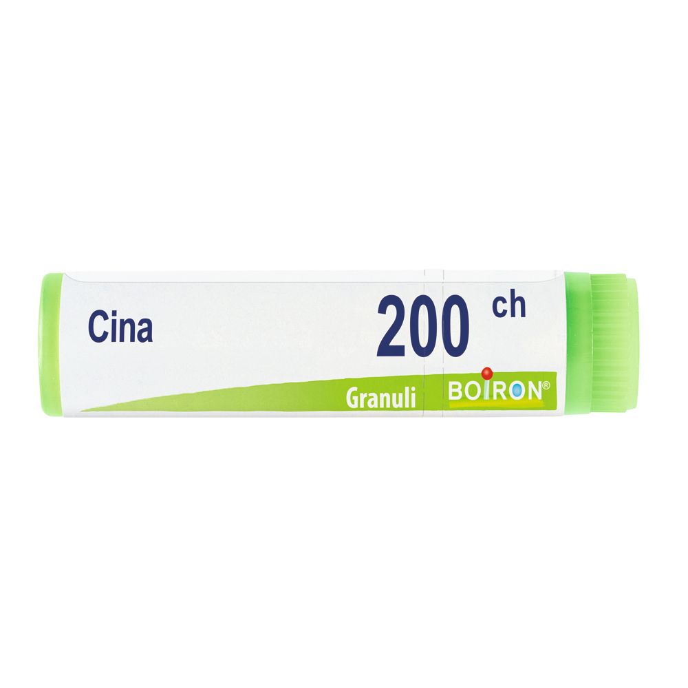 Confezione cilindrica con estremità verdi. Scritta: Cina, 200 ch, Granuli, BOIRON.