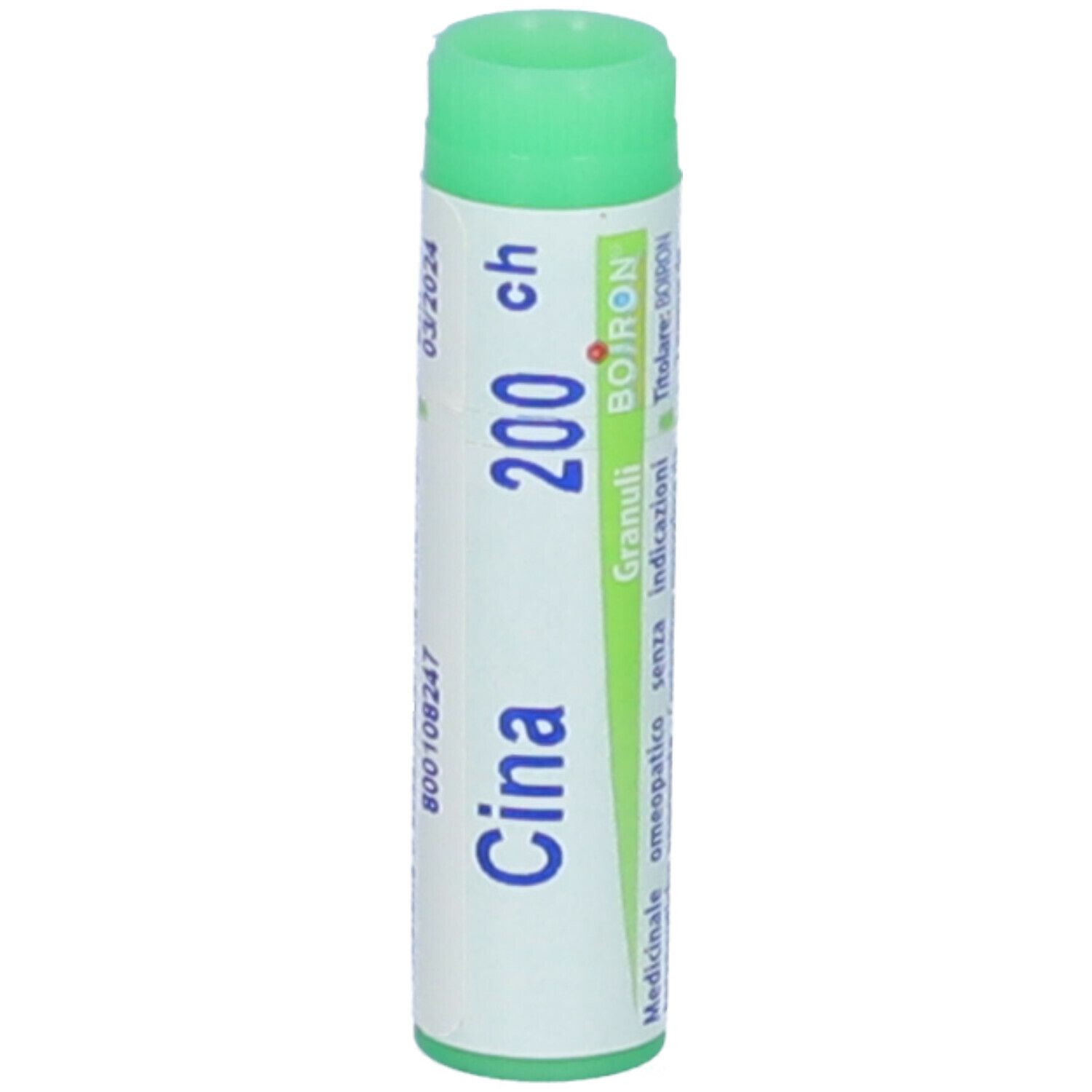 Confezione cilindrica con tappo verde. Scritta: Cina, 200 ch, BOIRON. Scadenza 03/2024.
