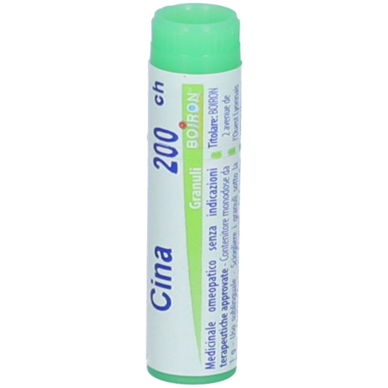 Confezione cilindrica con tappo verde. Scritta: Cina, 200 ch, BOIRON. Indirizzo del produttore.