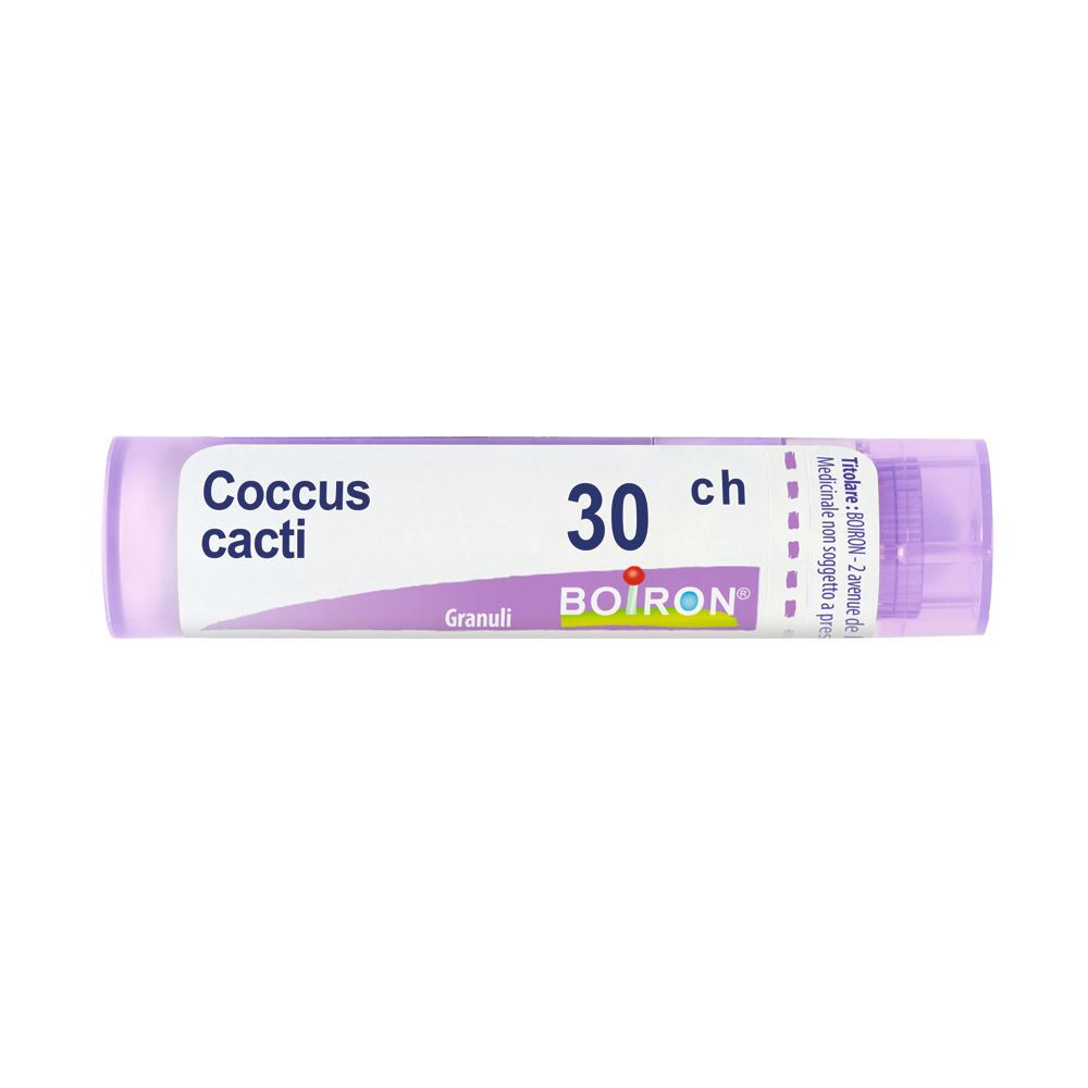 Confezione cilindrica di Coccus cacti 30 ch Granuli. Marchio BOIRON. Scritte viola e bianche.